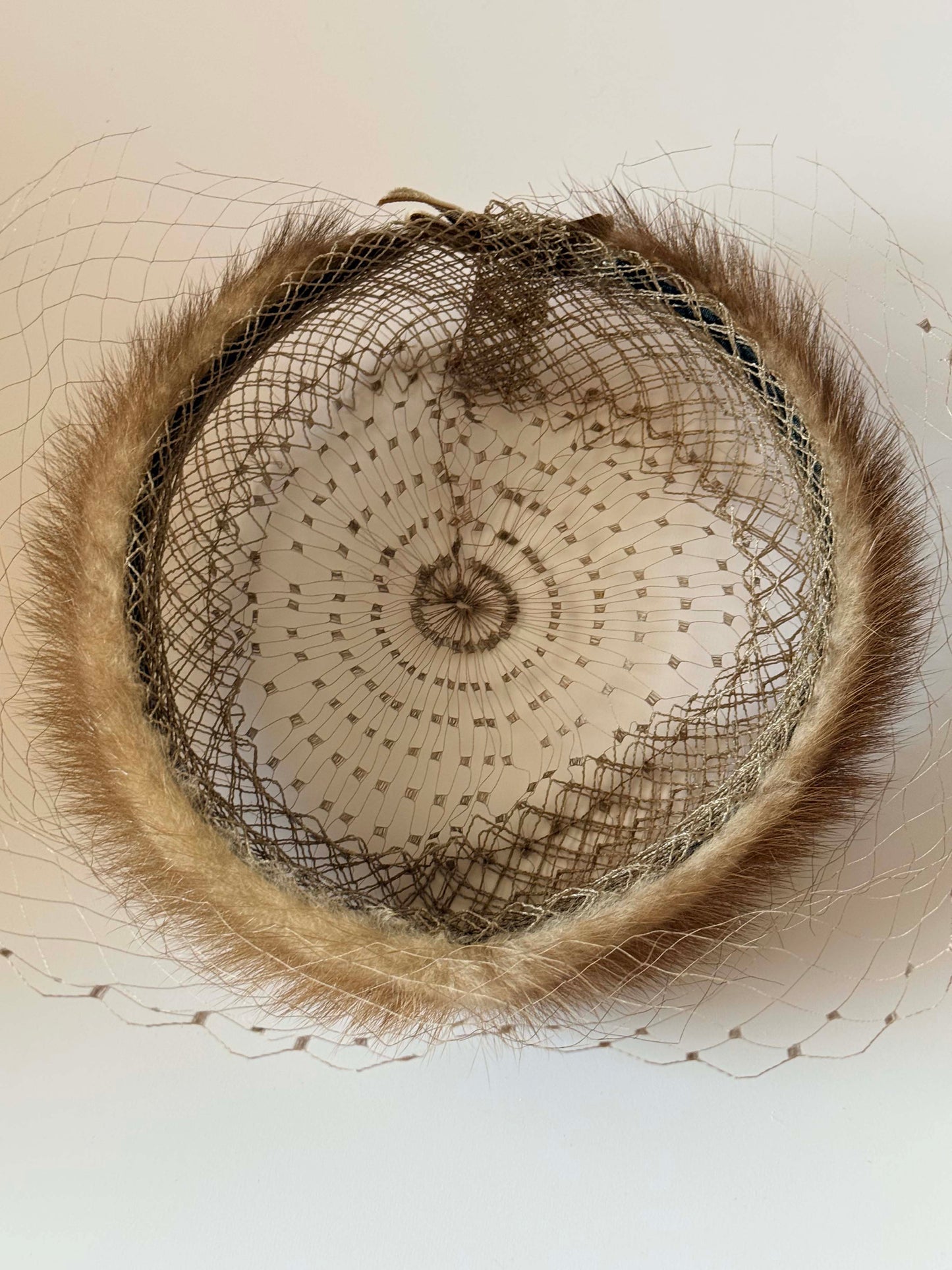 Vintage Mink Fur Halo Hat with Veil | 1950s Cocktail Fascinator | Mid Century Fur Crown Hat with Netting