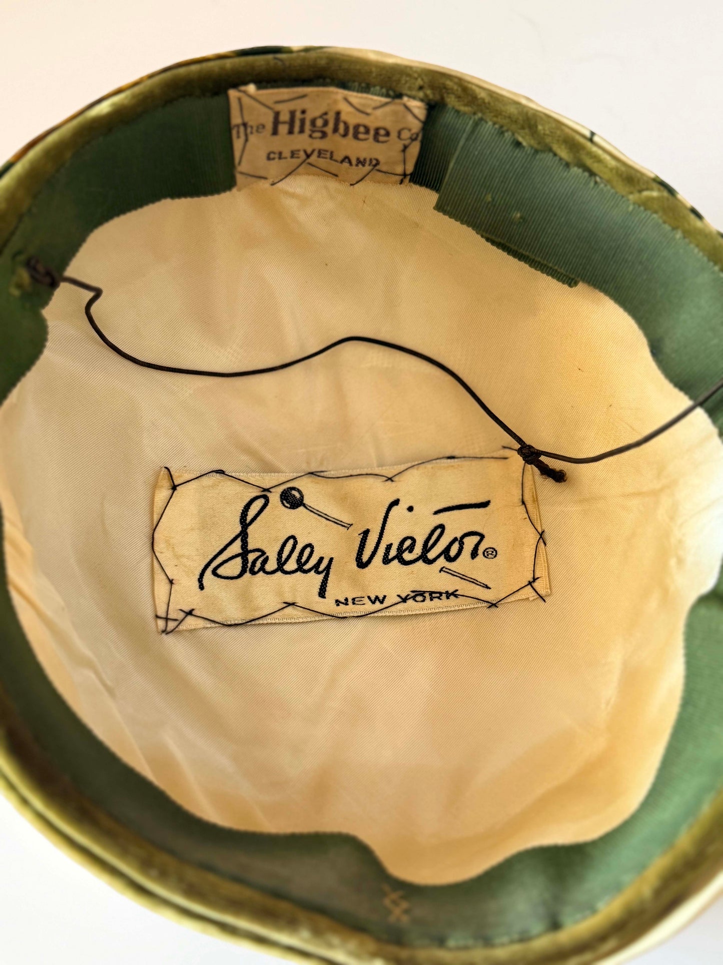 Vintage Sally Victor Floral Turban Hat | 1950s Silk Draped Cocktail Hat | Olive Green Satin Millinery
