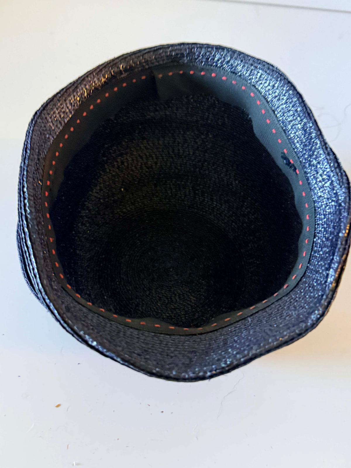 Vintage 1960s Inky Blue Black Straw Cloche Hat Navy Ribbon Gold Buckle Structured Brim Retro Women's Millinery