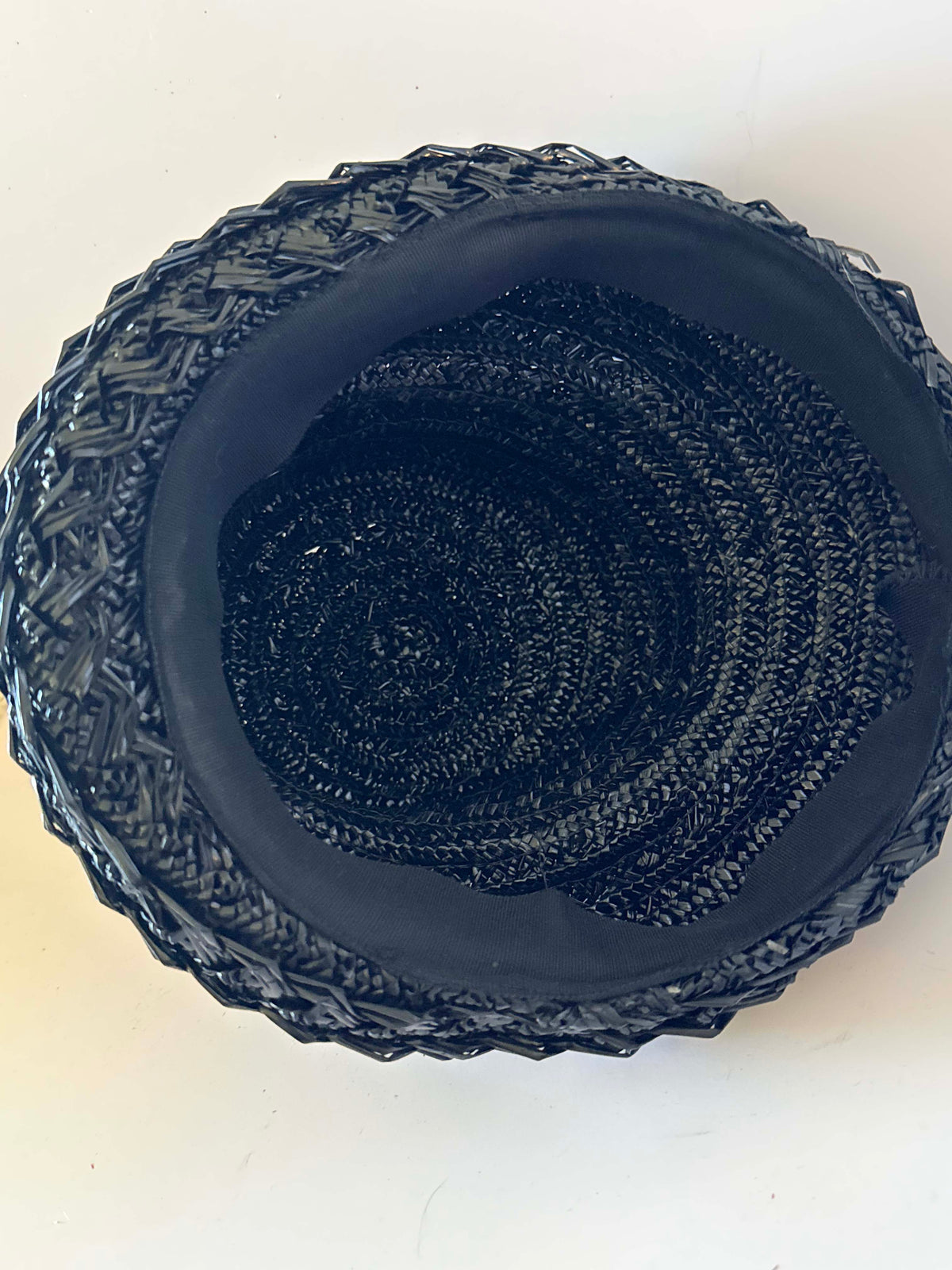 Vintage 1950s Black Straw Brimmed Hat Metallic Gold Leaf Trim Black Ribbon Mid Century Women's Millinery