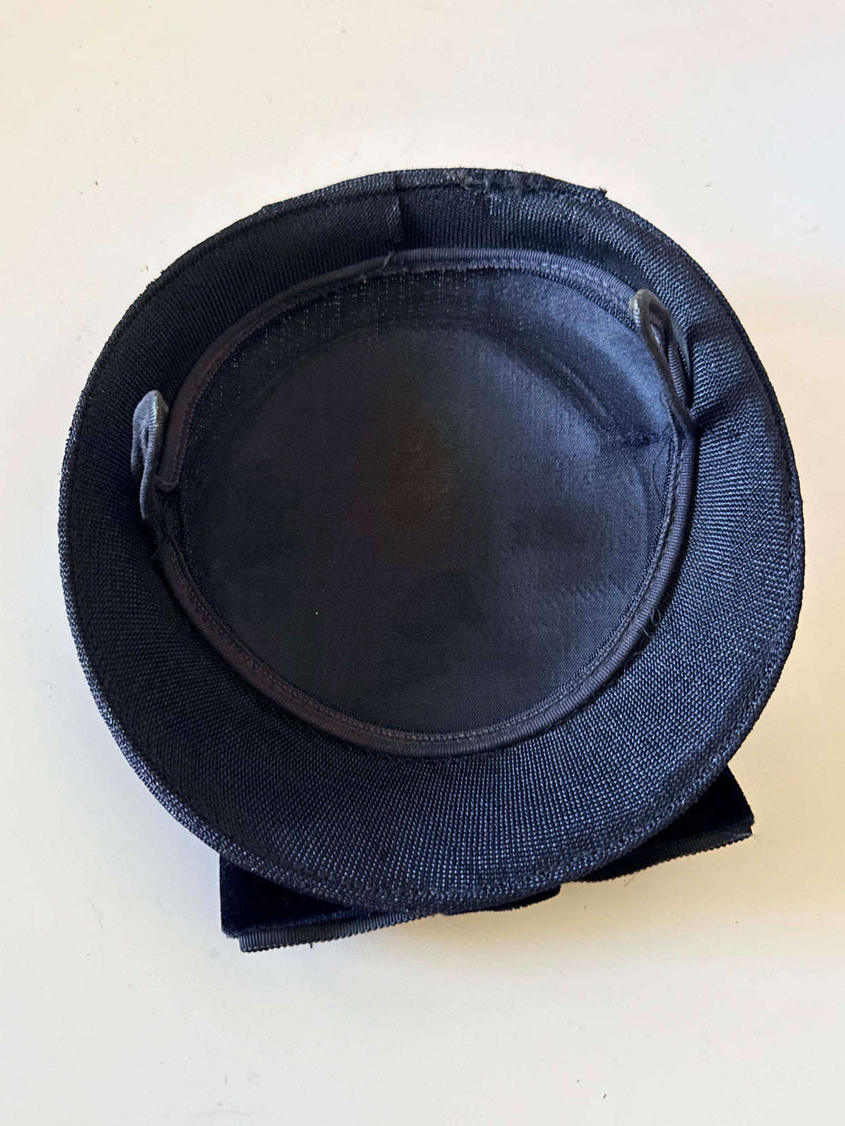 Vintage 1960s Navy Blue Straw Pillbox Hat Velvet Bow Mid Century Mod Structured Women's Millinery