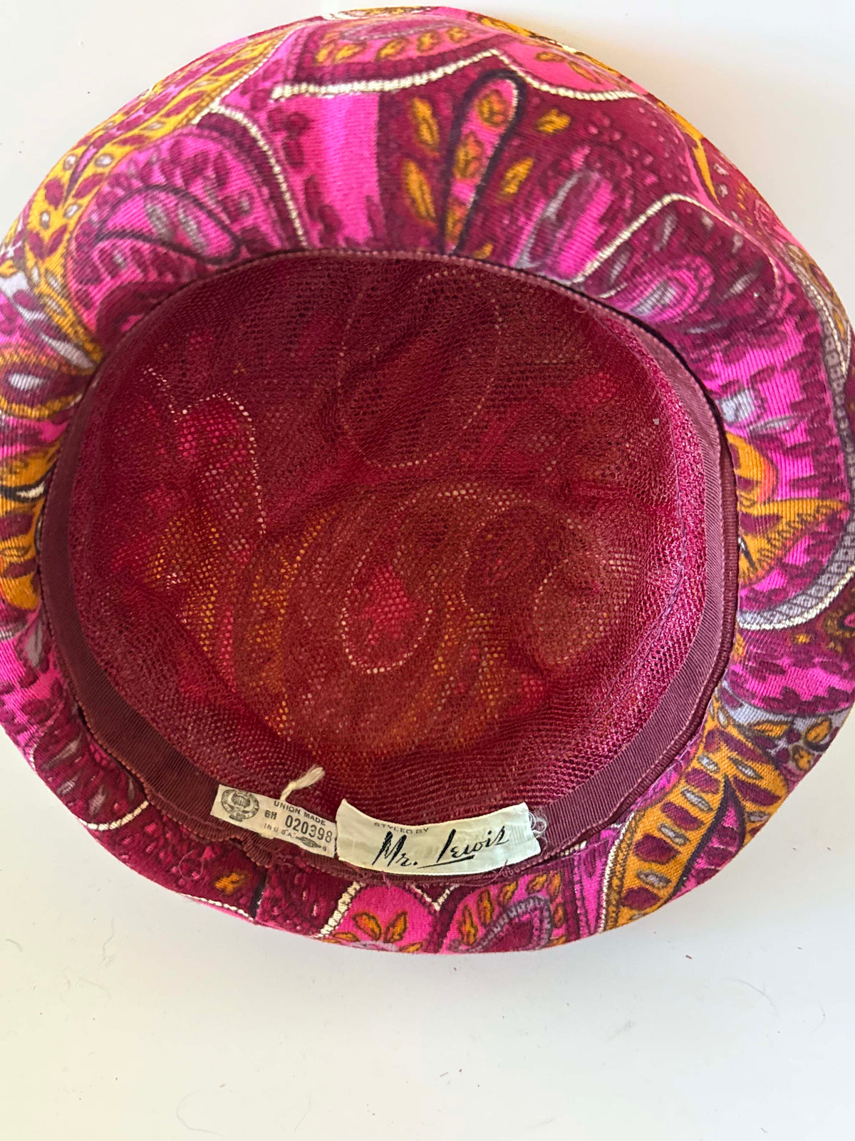 Vintage 1960s Mr Lewis Paisley Hat Pink Burgundy Mustard Wide Brim Mod Women's Hat Mid Century Millinery