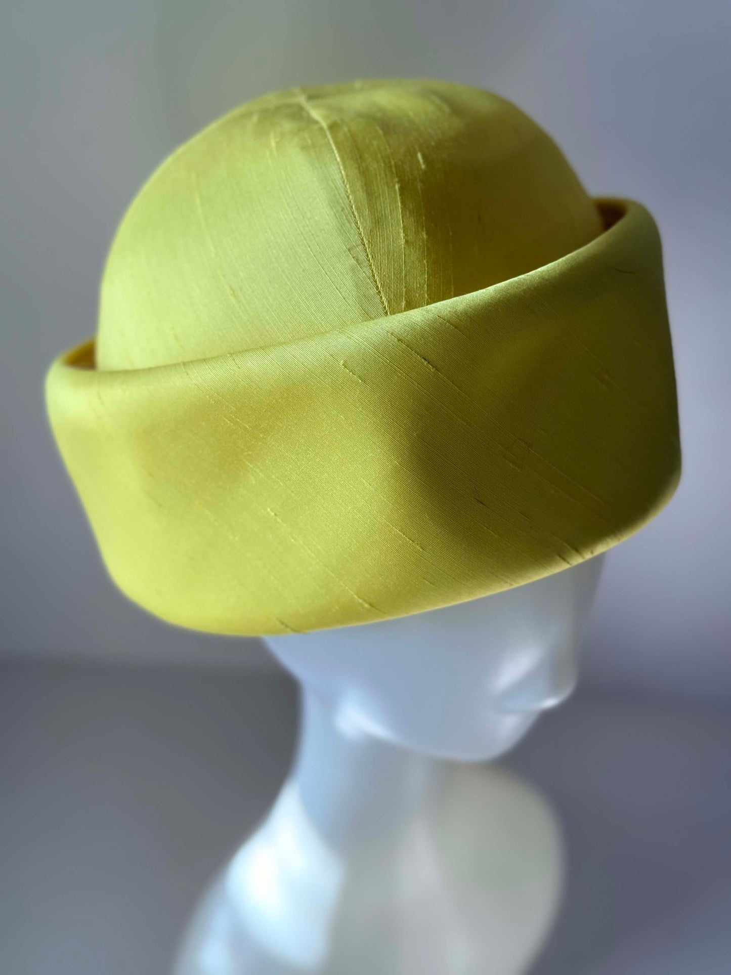1960s Lemon Yellow Silk Pillbox Hat | Vintage Mod Halo Hat | Sculptural Minimalist Cocktail Hat | Jackie Kennedy Style