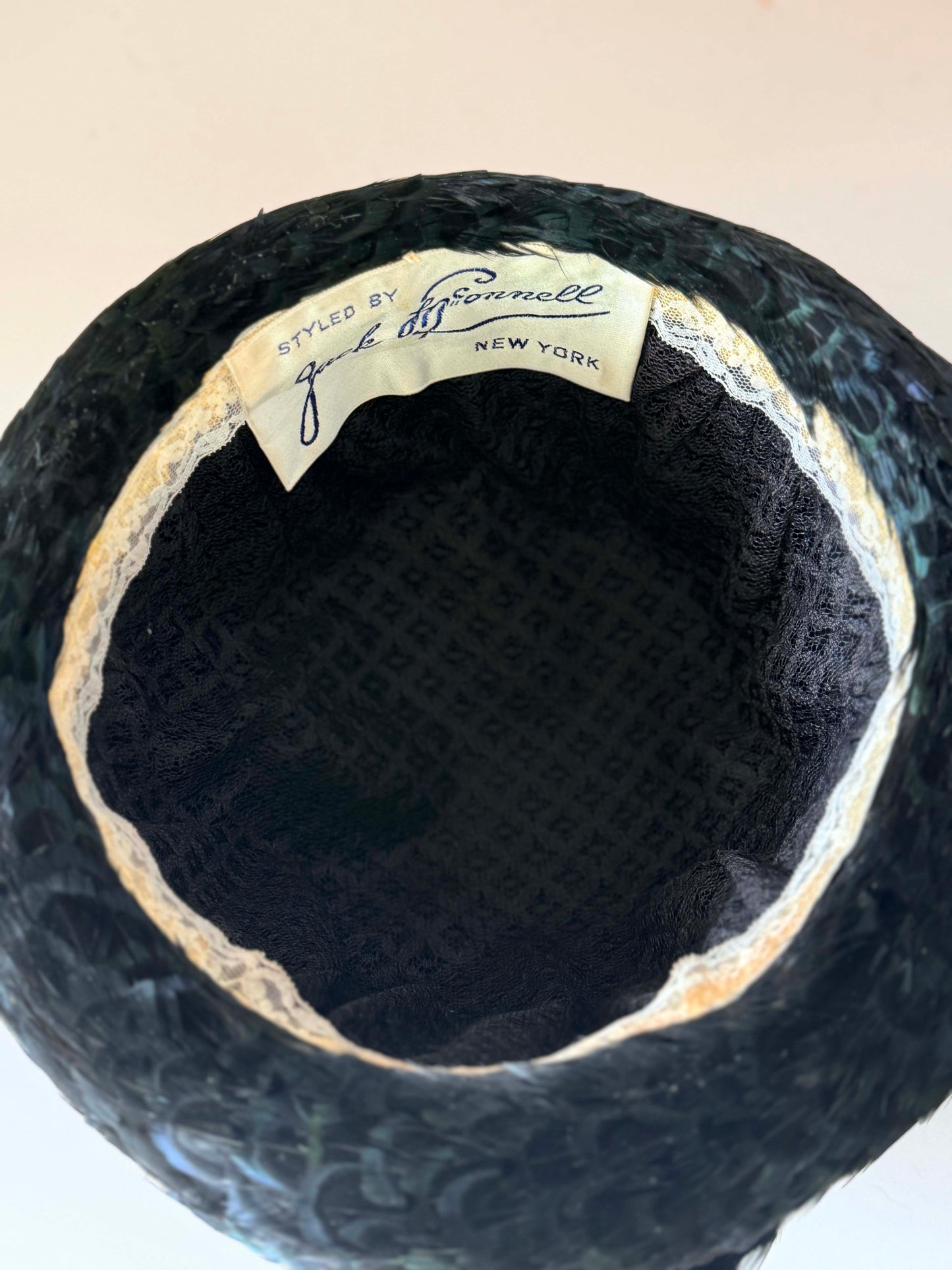 Vintage Jack McConnell Feather Hat | 1950s Iridescent Black Feather Fedora | Couture Cocktail Hat | Rare New York Designer Millinery