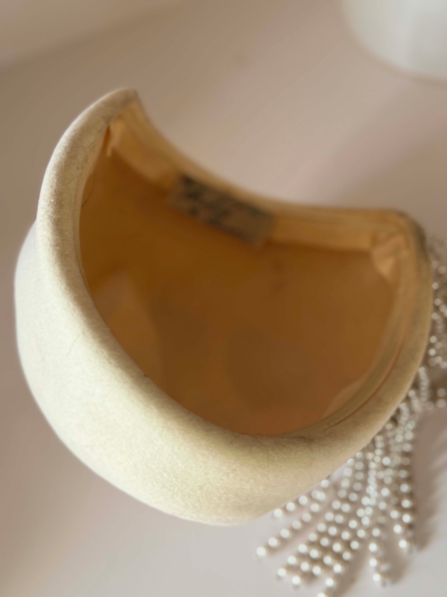 Vintage Ivory Felt Pillbox Hat | Pearl Fringe Cocktail Hat | 1960s Couture Inspired Bridal Fascinator | Elegant Winter Millinery