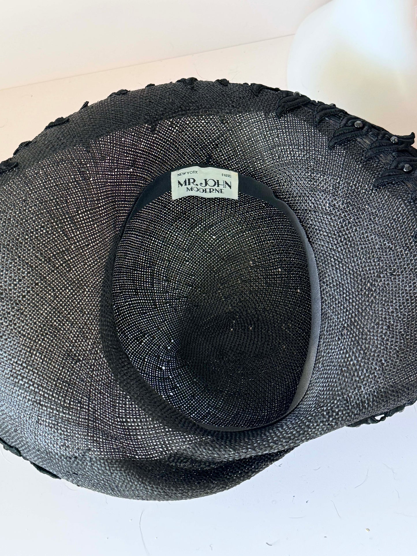 Vintage Mr. John Moderne Black Wide Brim Hat | Sculptural Raffia Statement Hat | 1950s Avant Garde Couture Millinery | Dramatic Cocktail Hat