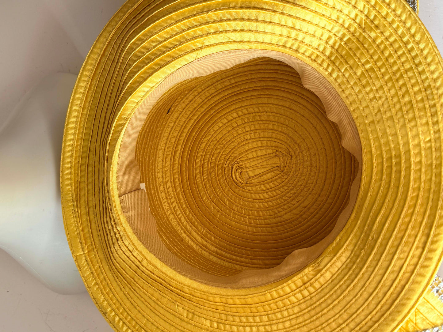 Vintage Gold Satin Ribbon Hat | Rhinestone Trim Couture Church Hat | Sculptural Statement Millinery | Glamorous Derby Hat