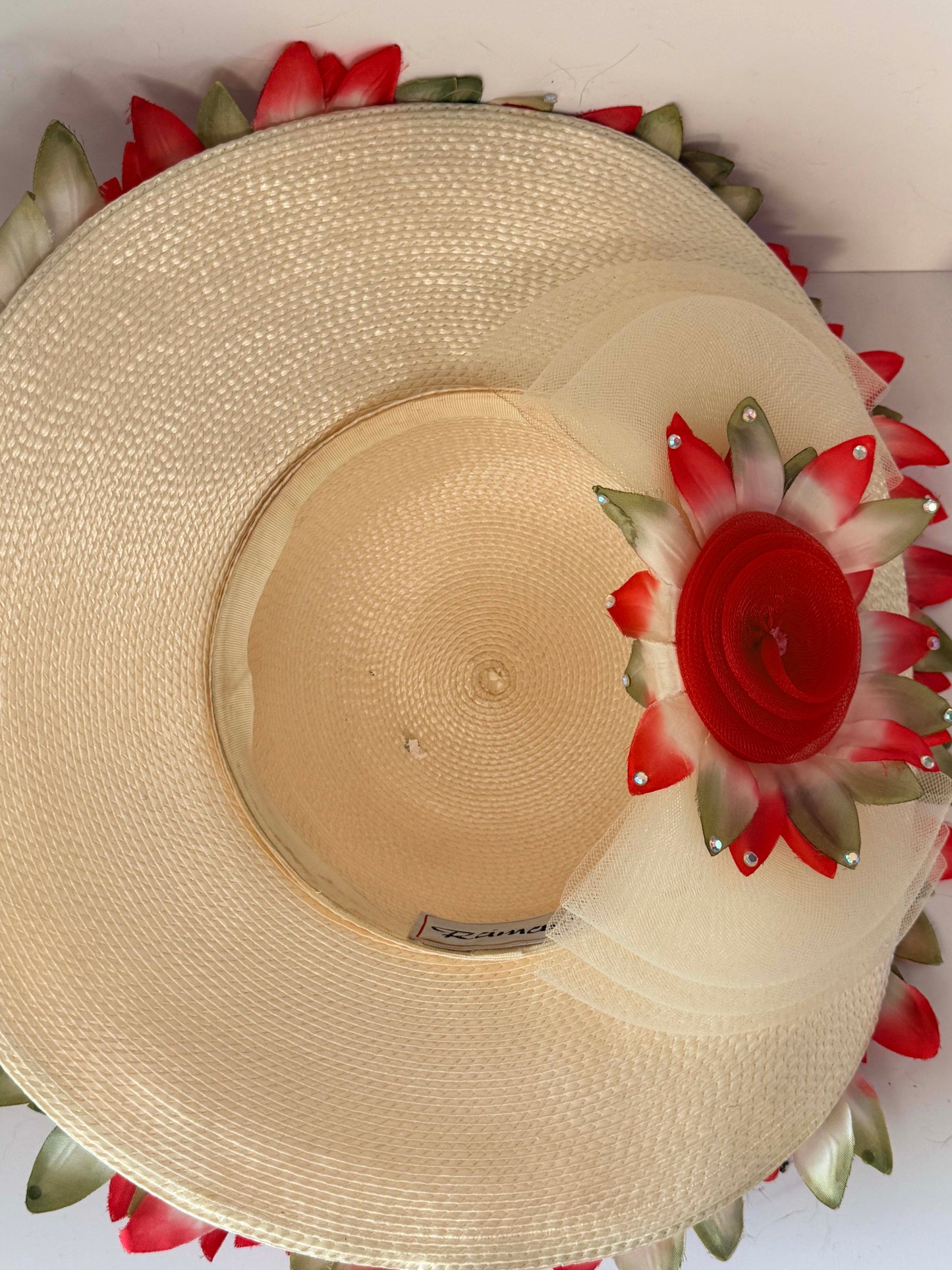 Vintage Floral Wide Brim Hat | Dramatic Flower Trim Sun Hat | 1960s Garden Party Statement Hat | Couture Derby Millinery