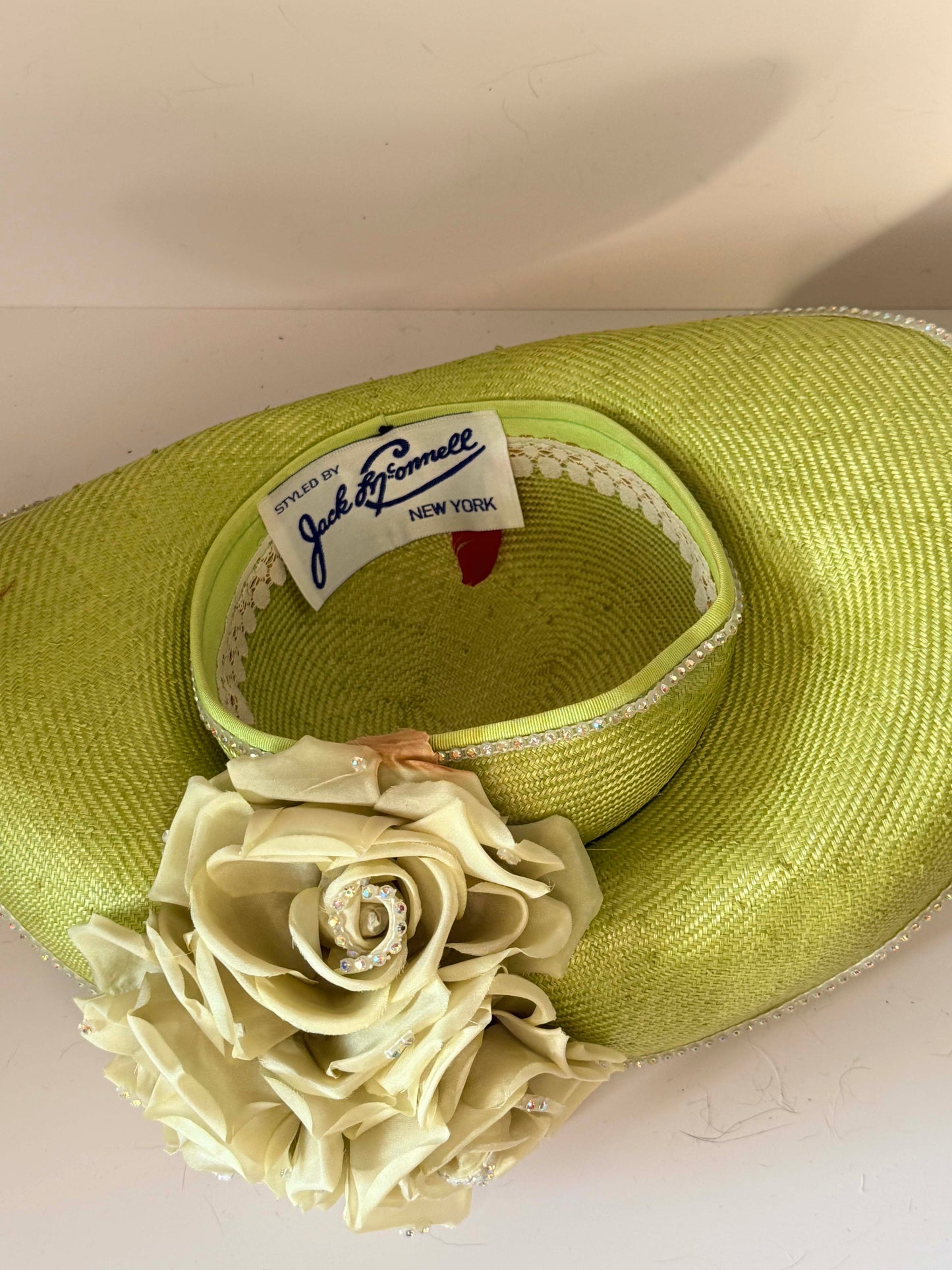 Vintage Jack McConnell Wide Brim Hat | Lime Green Floral Statement Hat | Couture Derby Hat | Rhinestone Rose Millinery