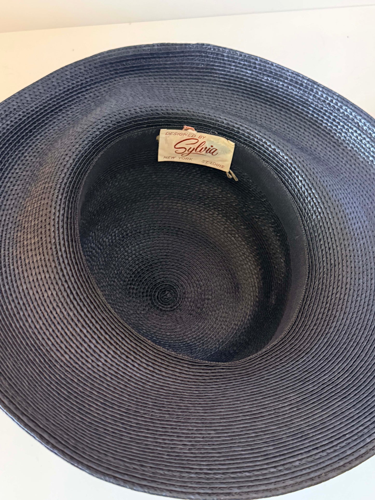 Vintage Sylvia New York Navy Blue Wide Brim Hat | Rose Trim Derby Hat | Elegant Garden Party Hat | Mother of the Bride Hat