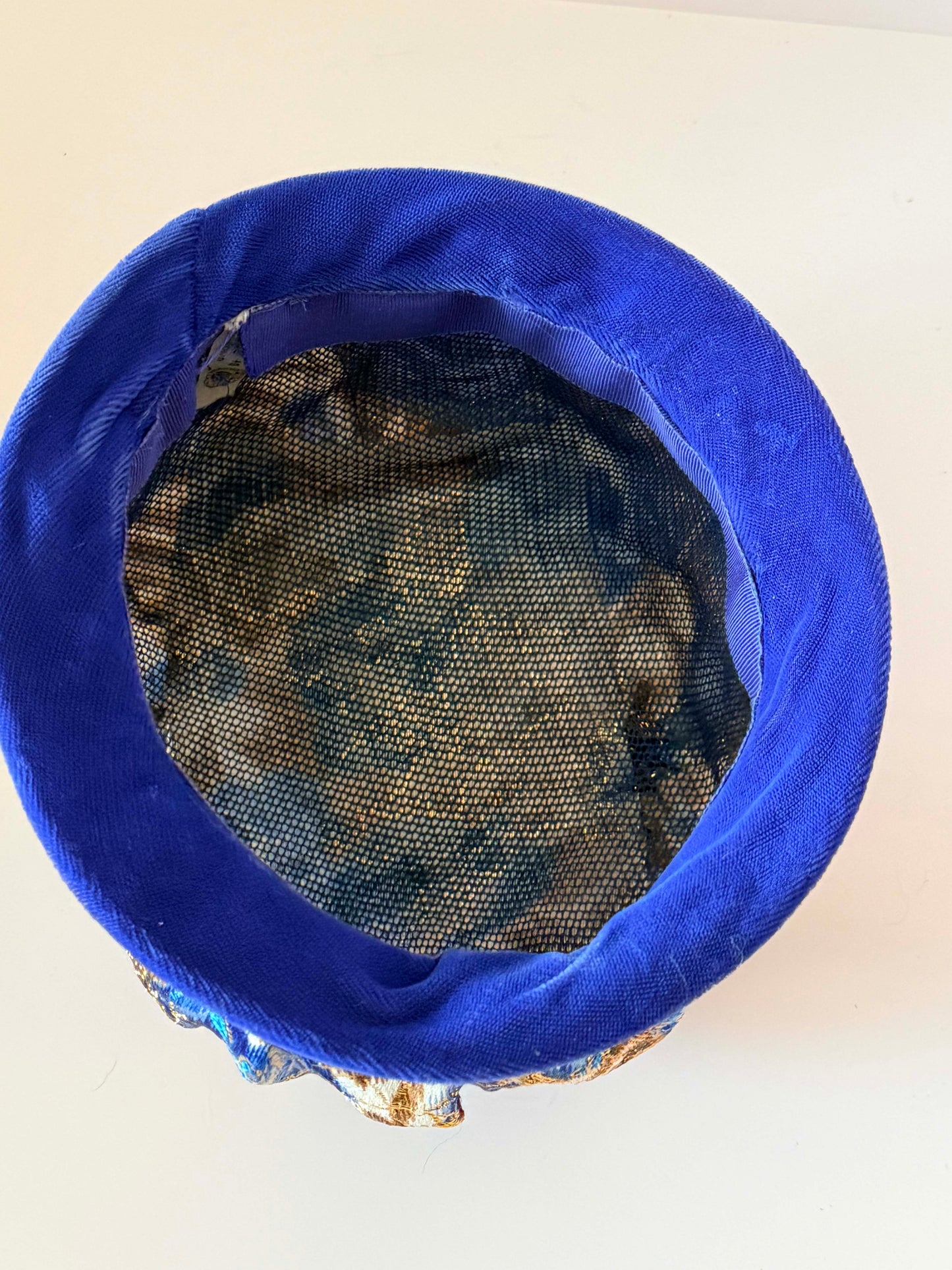 Vintage 1960s Blue & Gold Brocade Pillbox Hat | Metallic Floral Lamé Hat | Mod Cocktail Hat | Evening Occasion Hat | Royal Blue Millinery