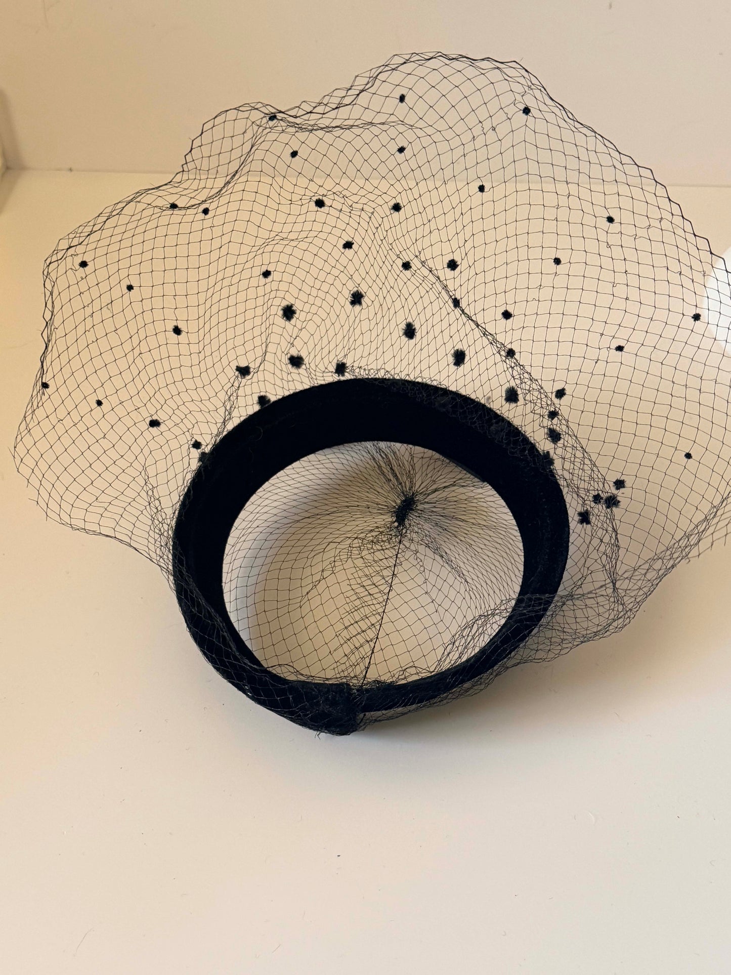 Vintage Black Velvet Veiled Halo Hat, Birdcage Veil Fascinator, Polka Dot Veil Headpiece, Cocktail Hat, Alternative Bridal Halo