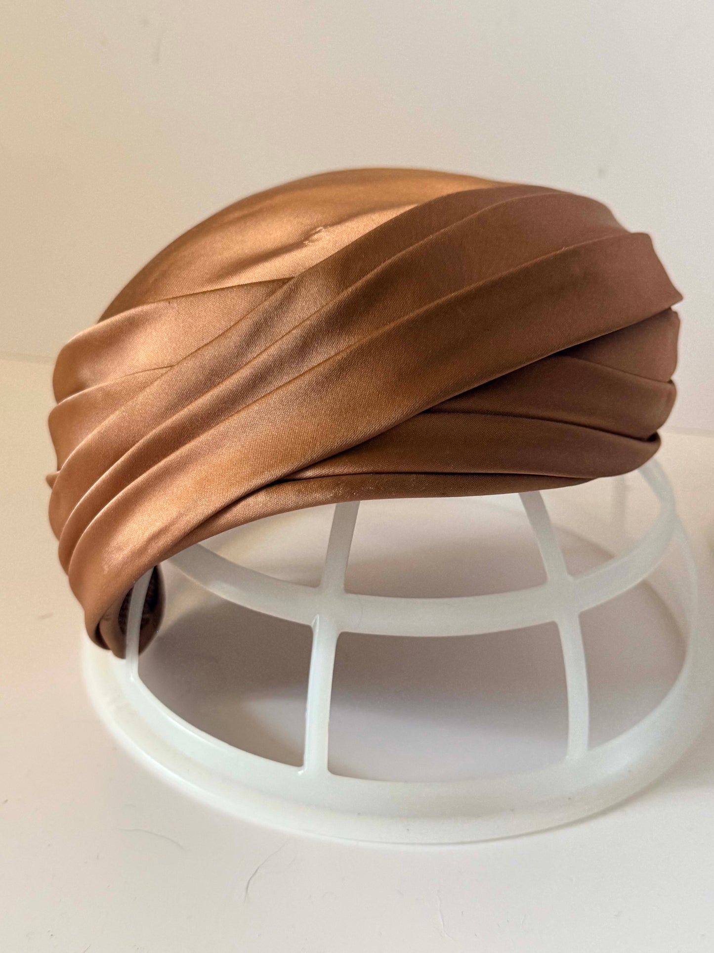 Vintage Bronze Satin Turban Style Half Hat | 1960s Draped Cocktail Hat | Champagne Brown Pillbox Turban | Elegant Evening Millinery | Old Hollywood Headpiece