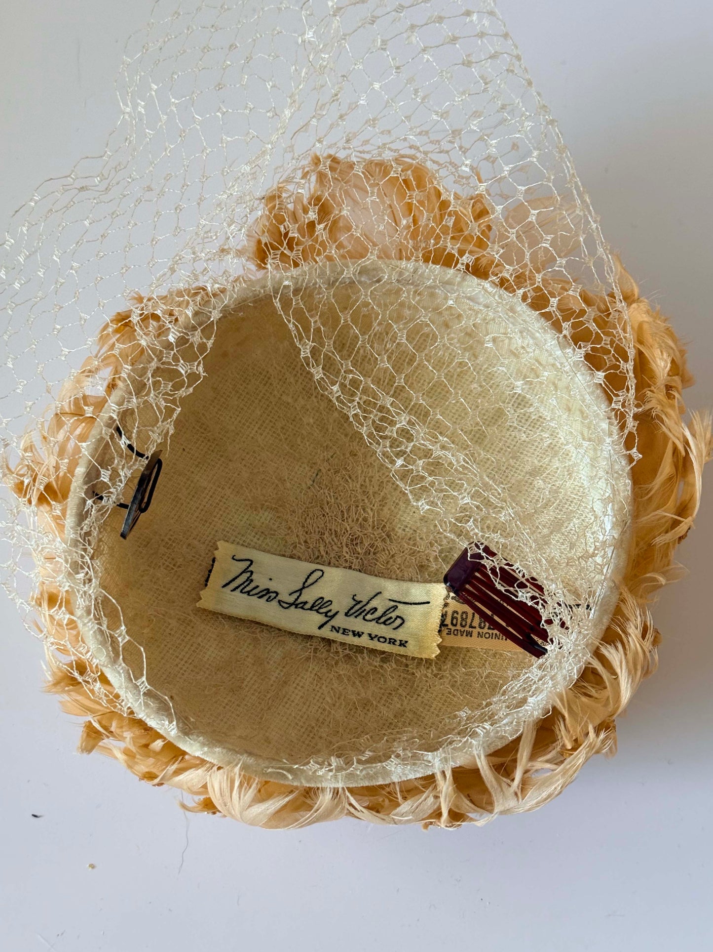 Miss Sally Victor Feather Hat | Blush Pink Feather Cocktail Hat | Gold Glittery Veiled Fascinator | Vintage Bridal Hat | Couture Millinery