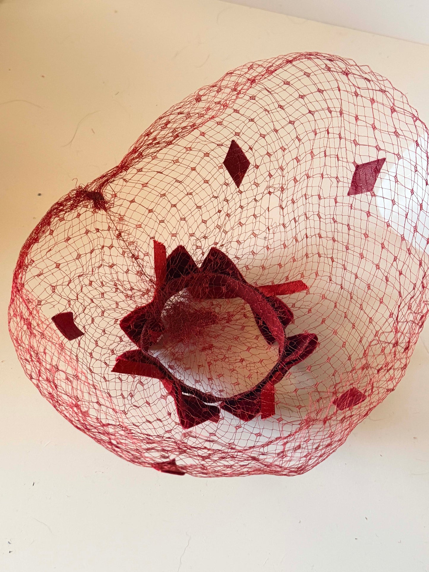 Vintage Burgundy Velvet Bow Birdcage Veil Fascinator | 1950s Inspired Veiled Cocktail Hat | Holiday Party Headpiece | Editorial Bridal Veil