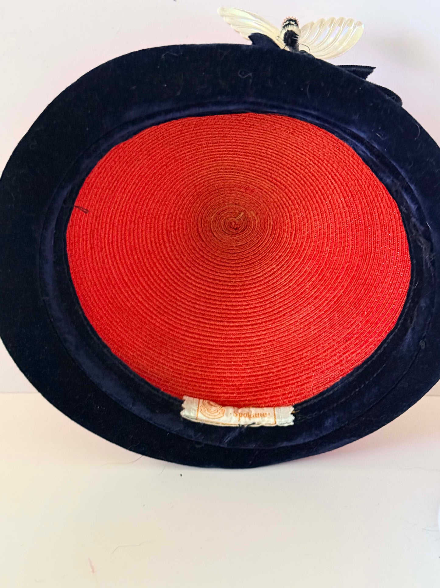 Vintage Red Straw Pillbox Hat, Navy Velvet Trim Hat, Novelty Bee Hat, 1960s Cocktail Hat, Mid Century Millinery