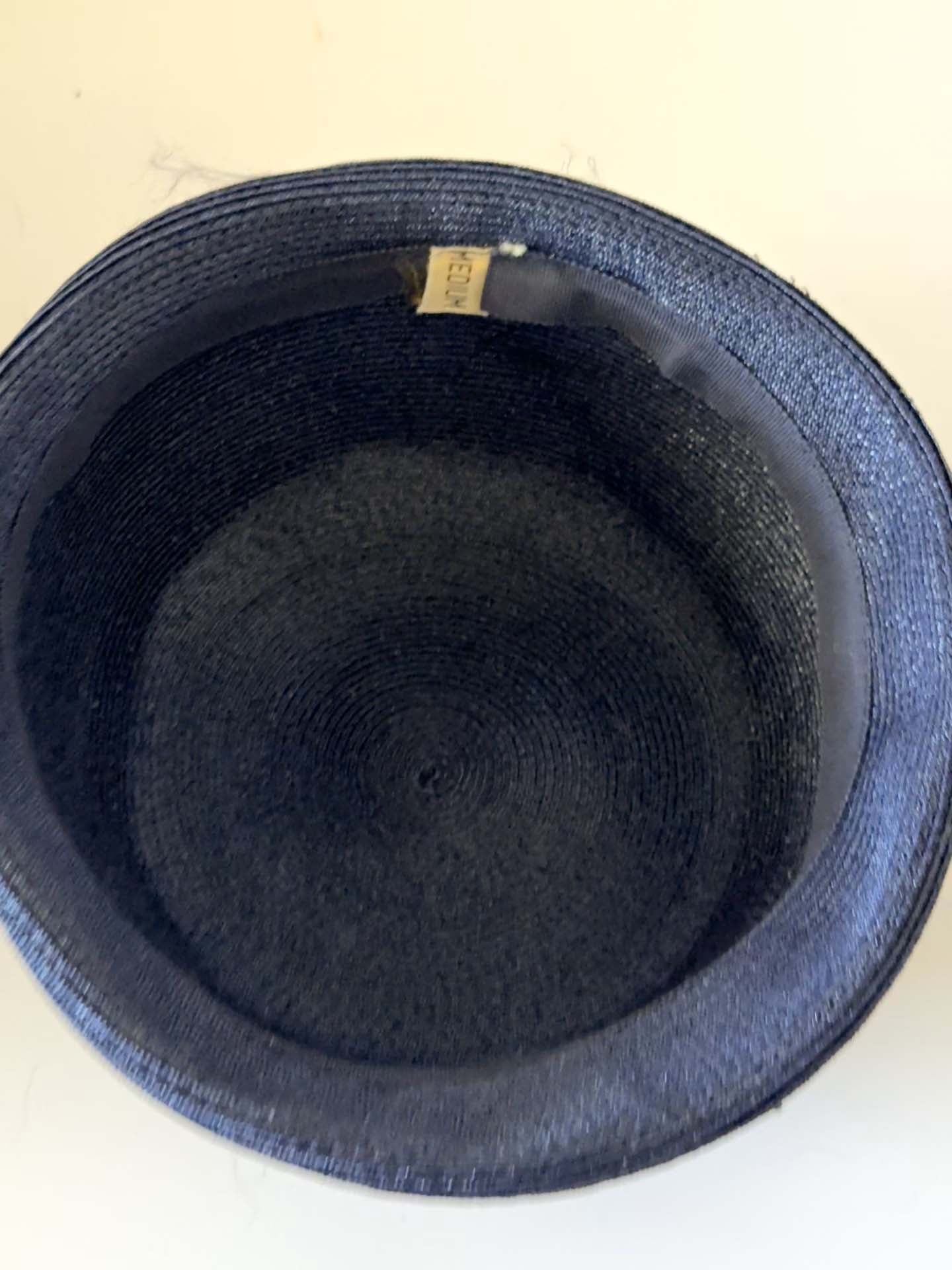 Vintage Navy Blue Cloche Hat, 1960s Straw Hat, Navy Velvet Trim Hat, Mid Century Cocktail Hat, Church Hat, Classic Ladies Millinery