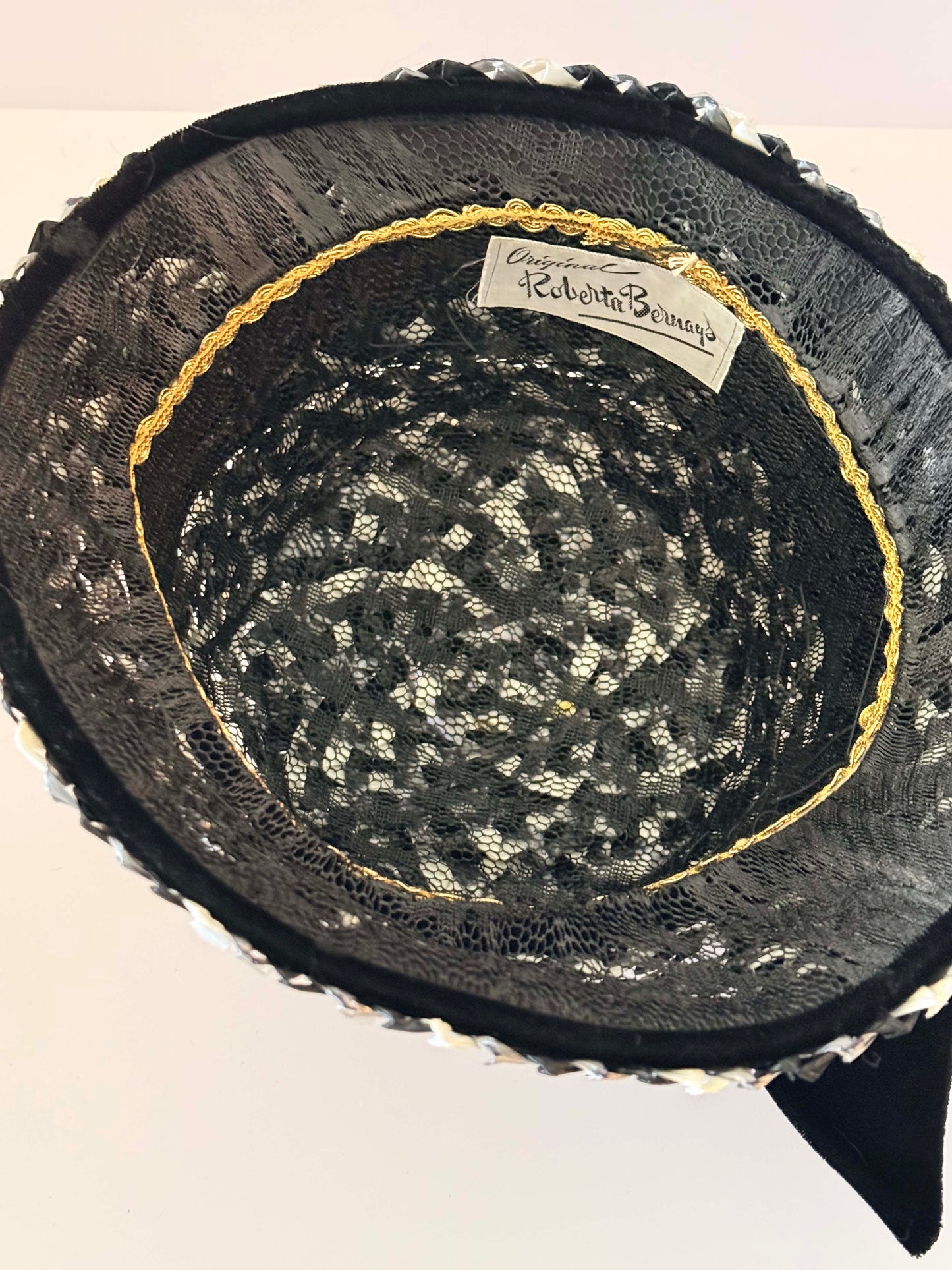 Vintage Roberta Bernays Black & White Raffia Hat | 1960s Mod Cloche Bucket Hat | Velvet Ribbon Bow Hat | Kentucky Derby Hat