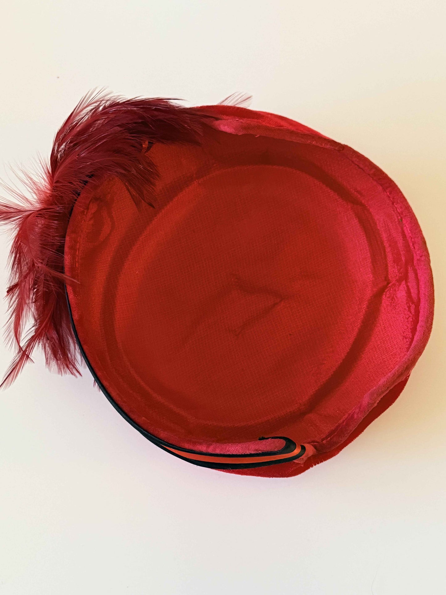 50's - 60's Vintage Red Velvet Hat with Feather Trim – Elegant Statement Cocktail Hat