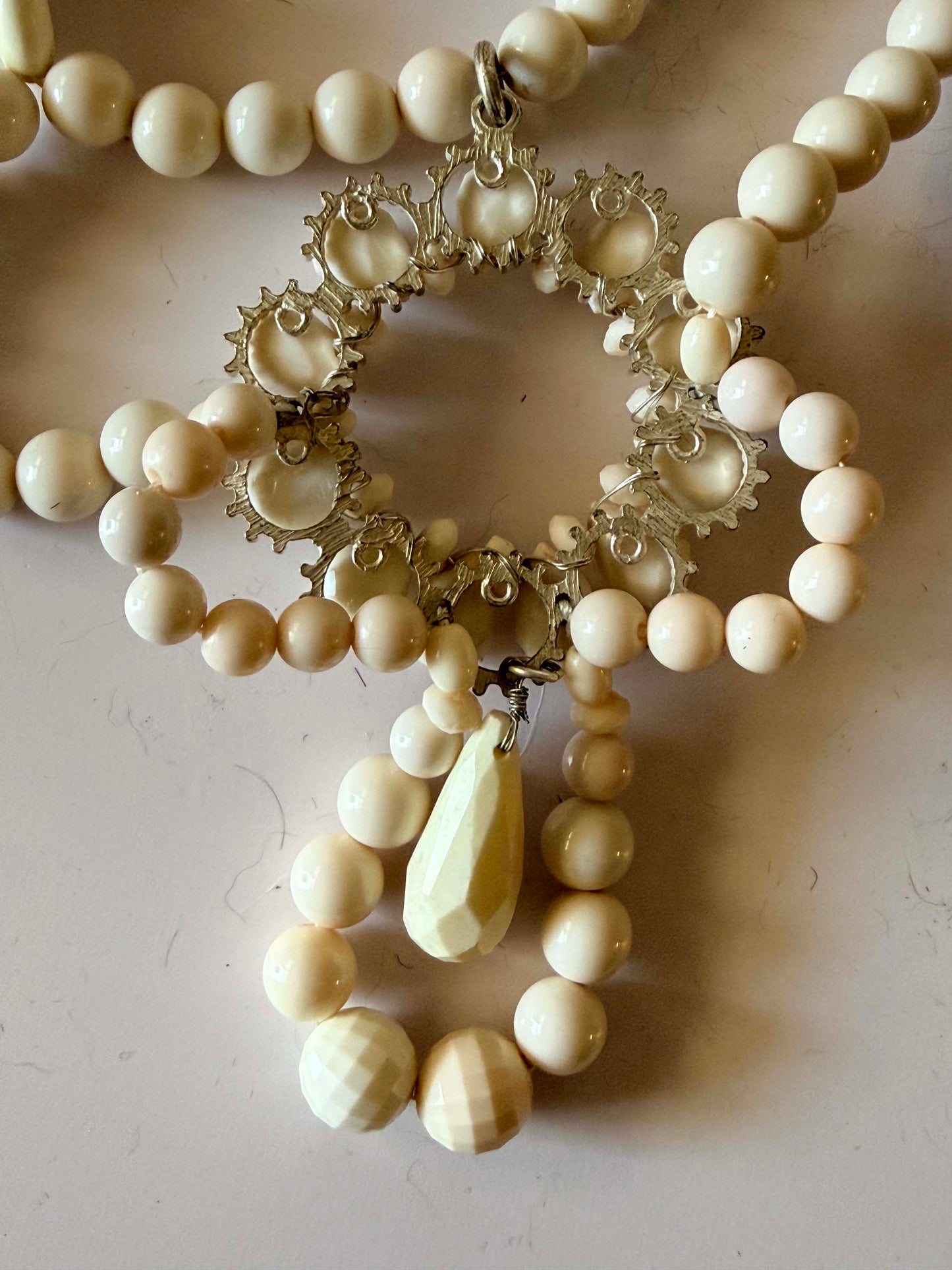 Vintage White Beaded Statement Necklace | Long Bead Necklace | Retro Costume Jewelry | Bridal Necklace