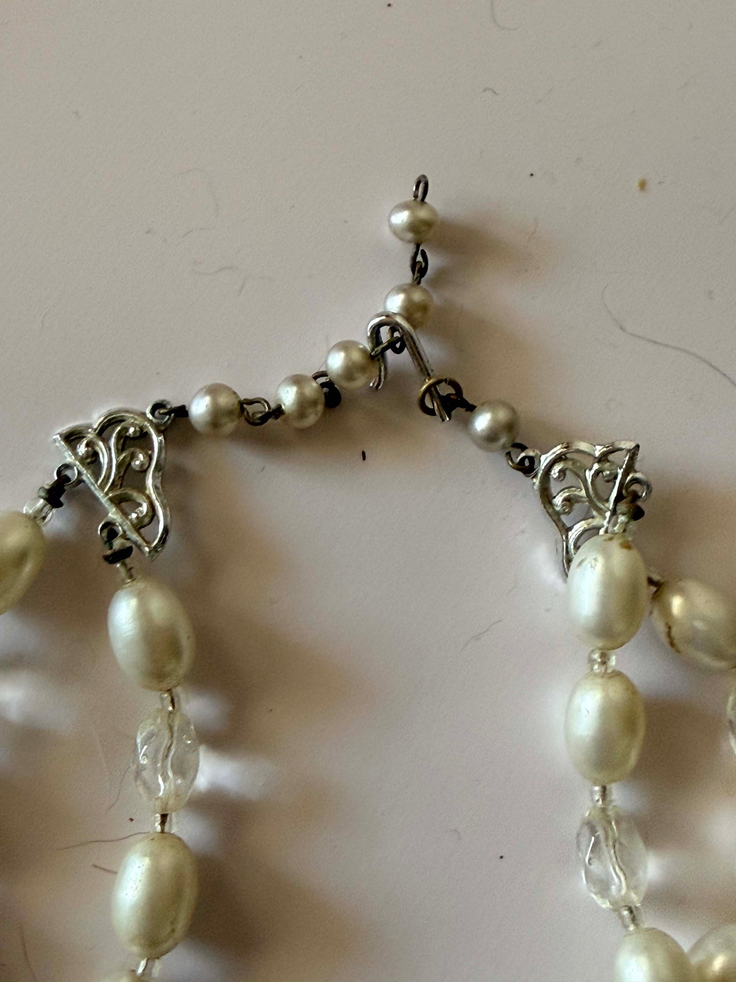 Vintage Double Strand Faux Pearl Necklace | Bridal Beaded Necklace | Mid Century Wedding Jewelry | White Pearl and Crystal Necklace