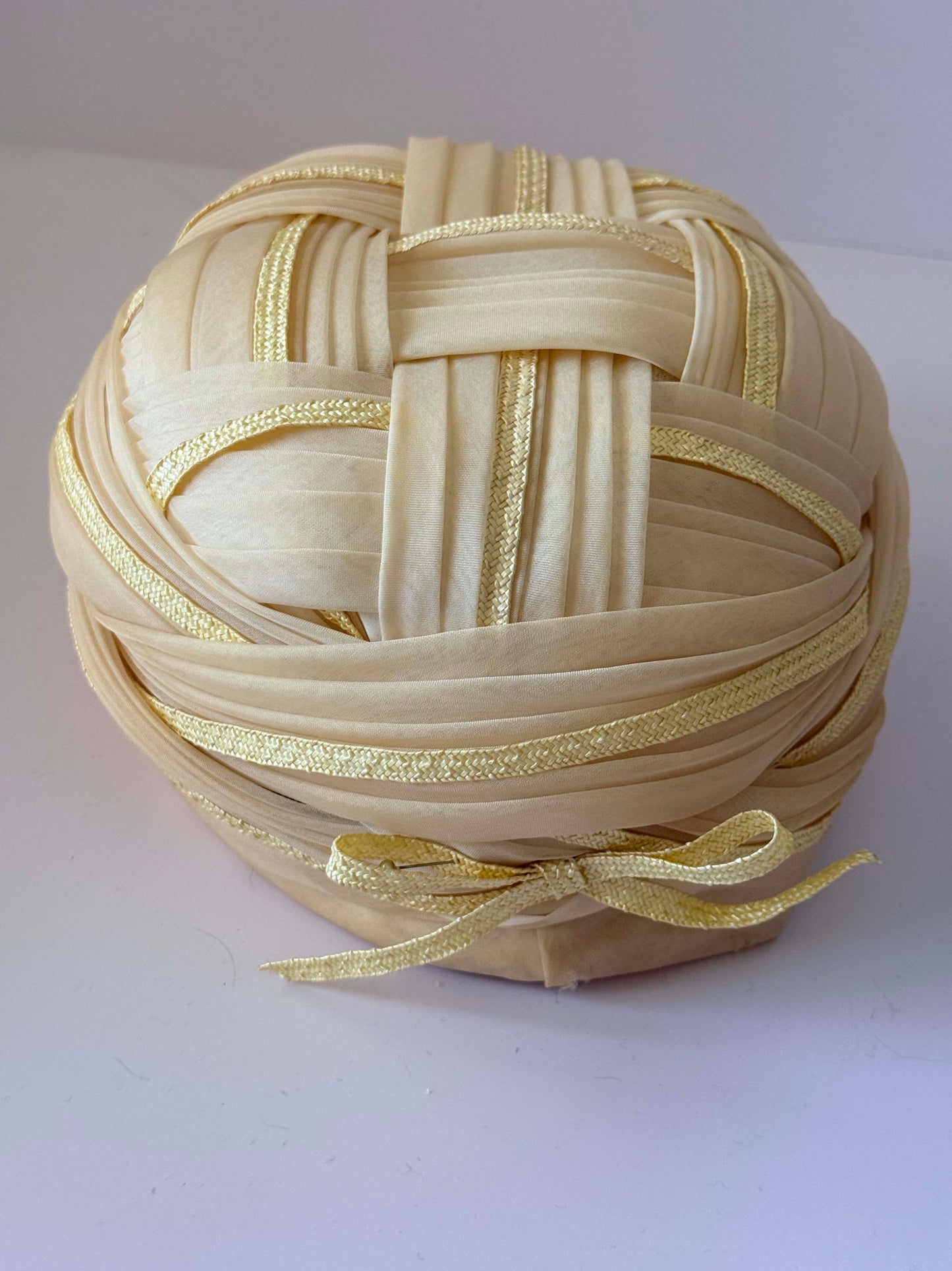 Vintage Gwen Pennington Turban Hat | Cream & Butter Yellow Draped Cocktail Hat | Designer Millinery | 1960s 1970s Formal Hat | Wedding Guest Hat