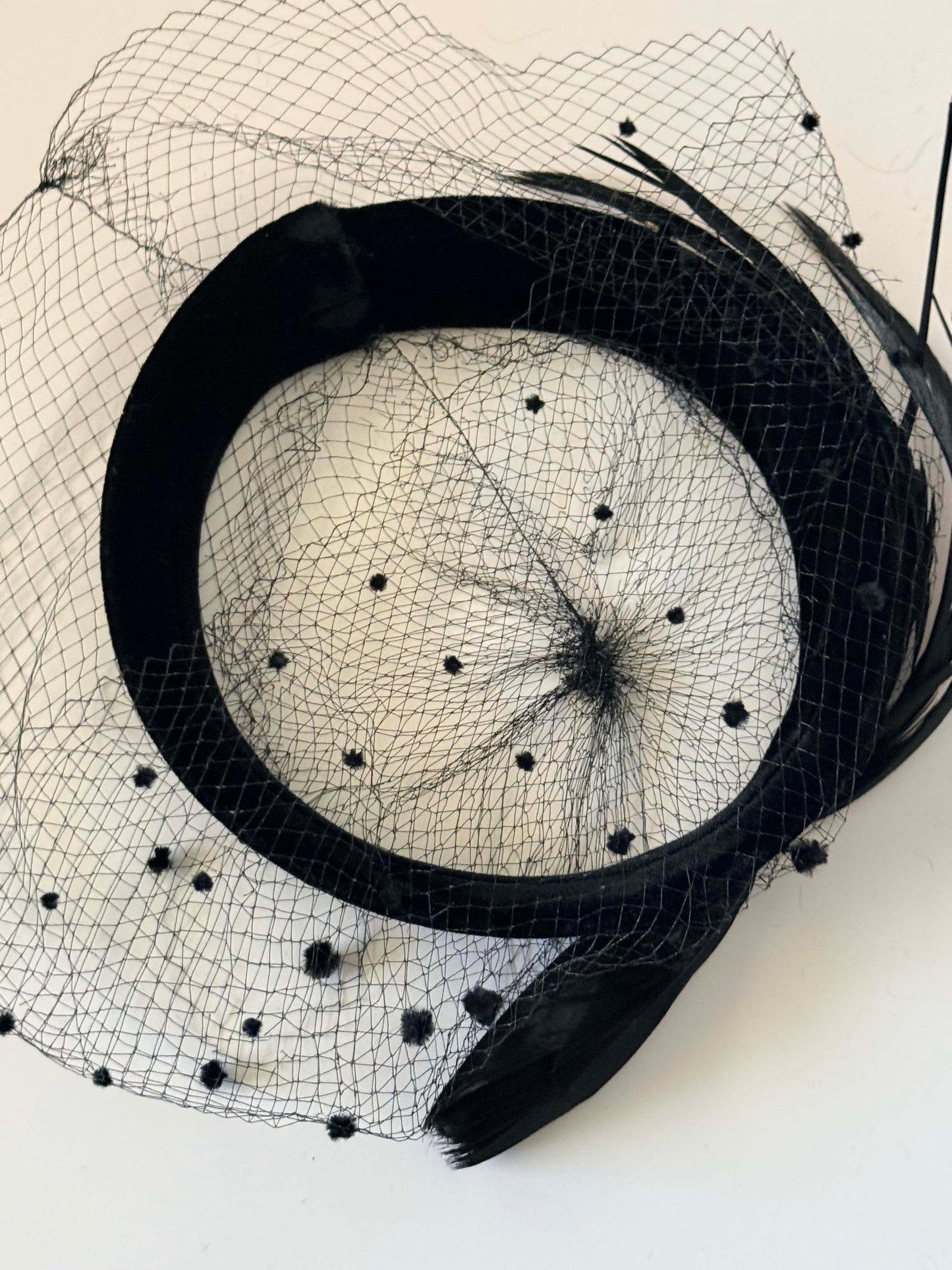 Vintage Black Velvet Halo Hat with Dotted Veil and Feather Trim | 1950s Cocktail Fascinator | Mid Century Tilt Hat | Elegant Mourning Style Millinery