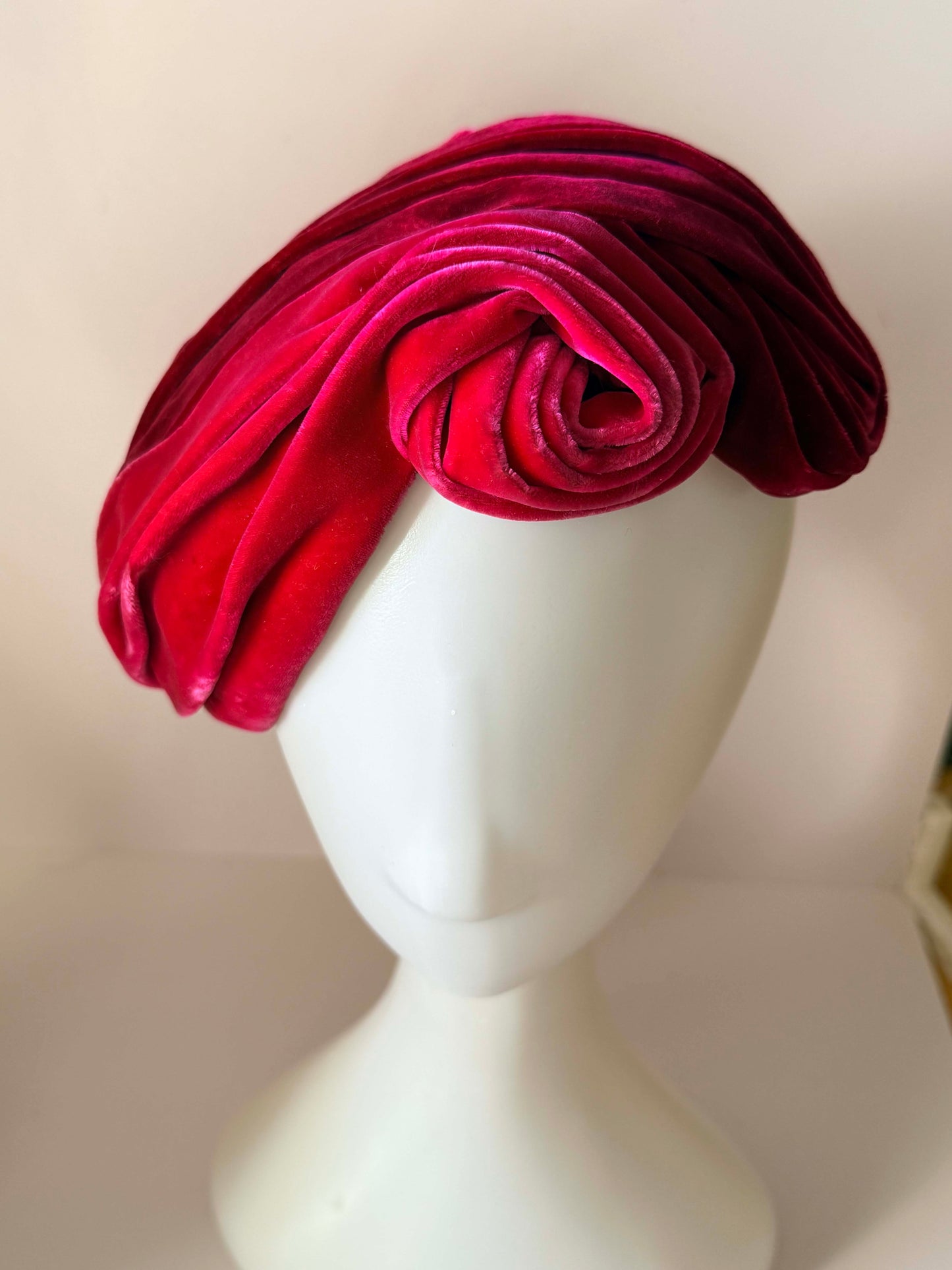 Vintage Red Velvet Turban Hat | 1950s Velvet Cocktail Hat | Sculptural Rose Detail | Old Hollywood Glamour | Statement Millinery
