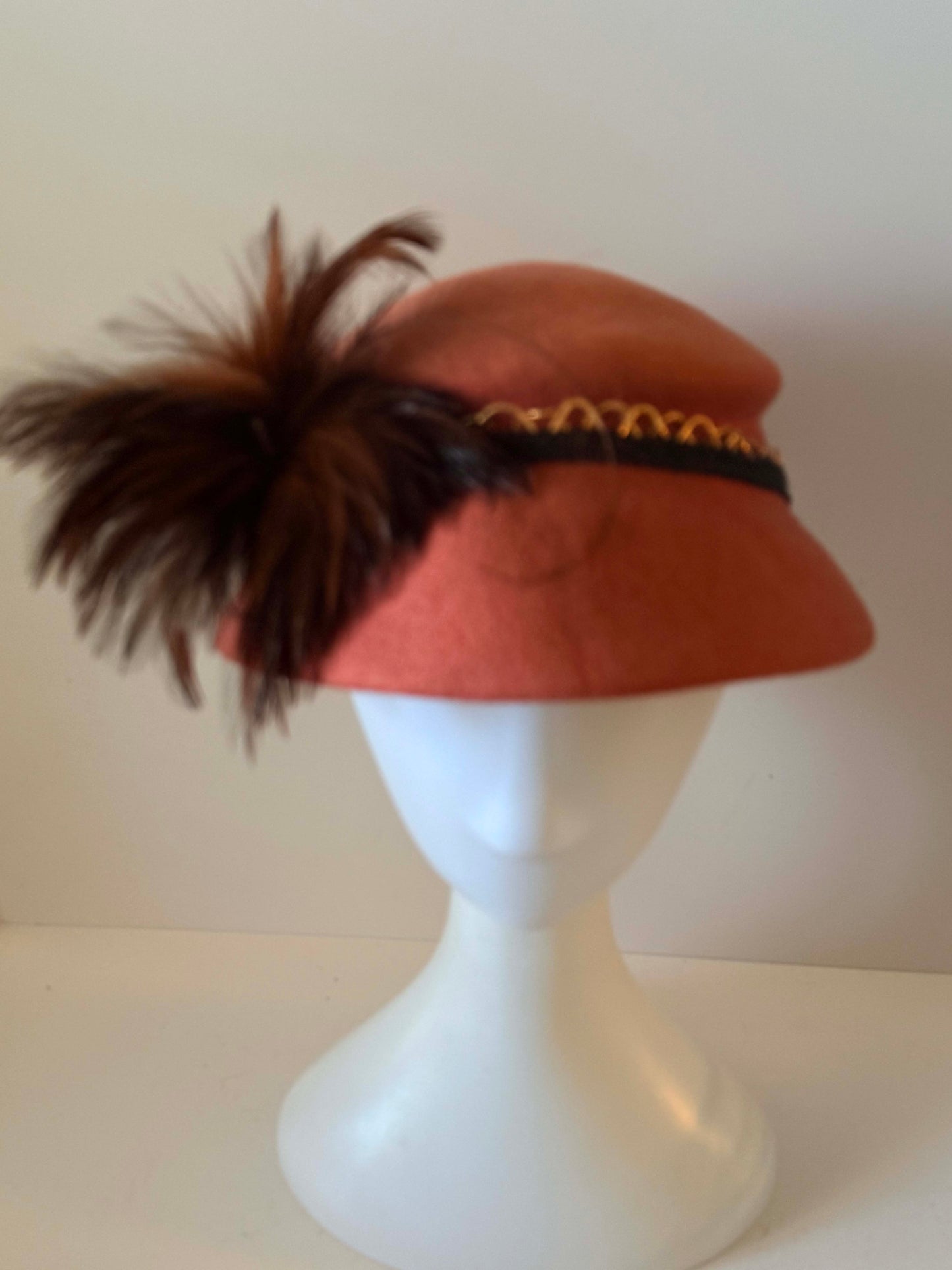 Vintage Rust Orange Felt Cloche Hat | 1960s Feather Cocktail Hat | Mod Wool Felt Hat | Mid Century Fascinator | Autumn Vintage Millinery