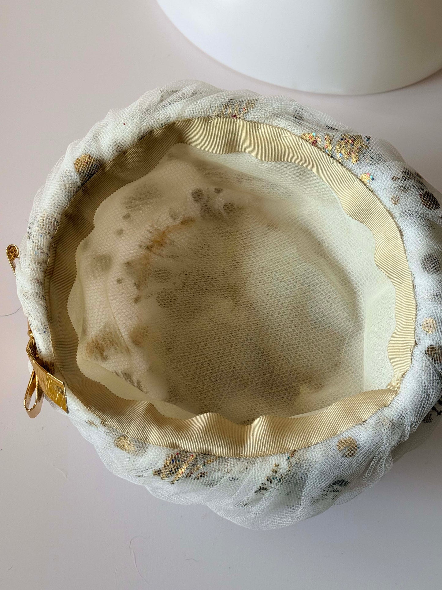 1960s White Tulle & Gold Cocktail Hat | Vintage Mid-Century Elegant French Evening Hat