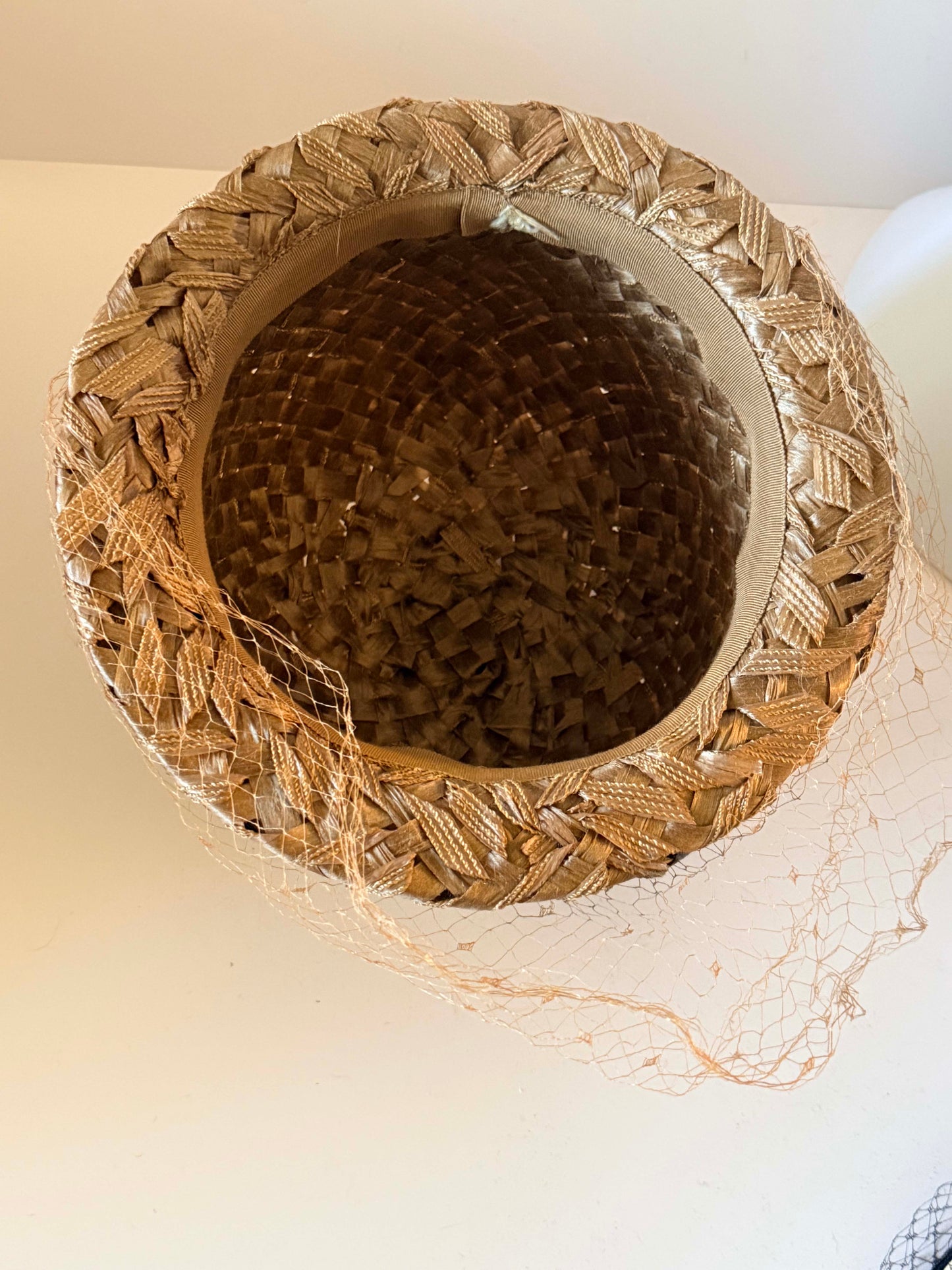Vintage 1960s Woven Straw Cloche Hat | Taupe Ribbon Bow Hat | Veiled Cocktail Hat | Neutral Mid Century Millinery