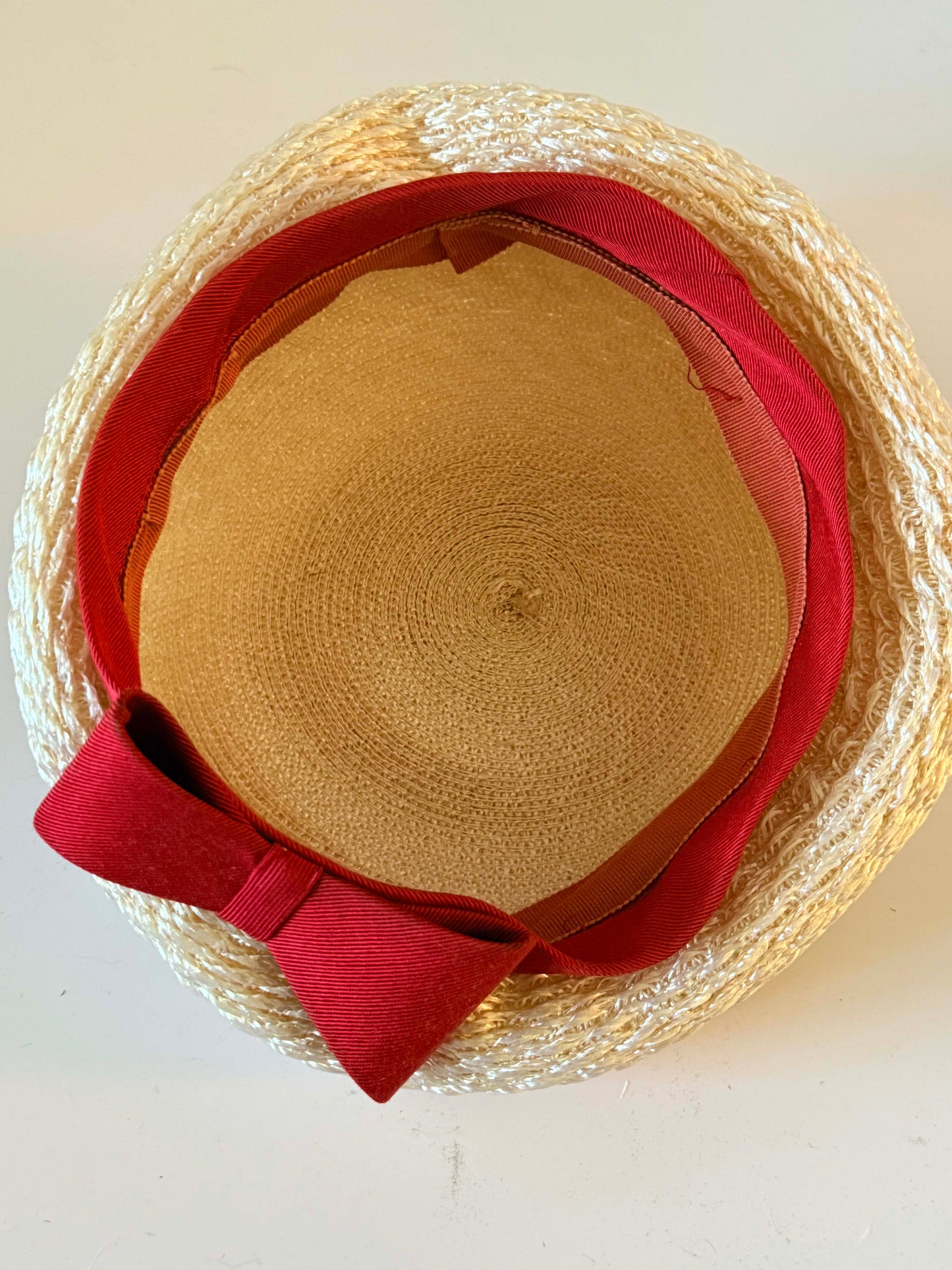 Vintage Ivory Straw Pillbox Hat with Red Bow | 1950s Cocktail Hat | Mid Century Fascinator | Summer Church Hat | Kentucky Derby Style