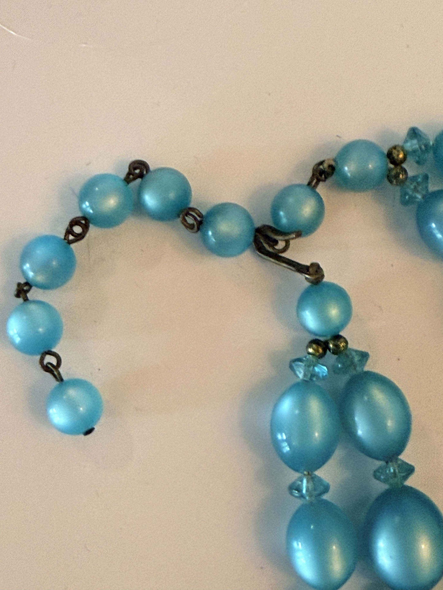 Vintage Double Strand Aqua Blue Beaded Necklace Mid Century Lucite Necklace Retro Costume Jewelry