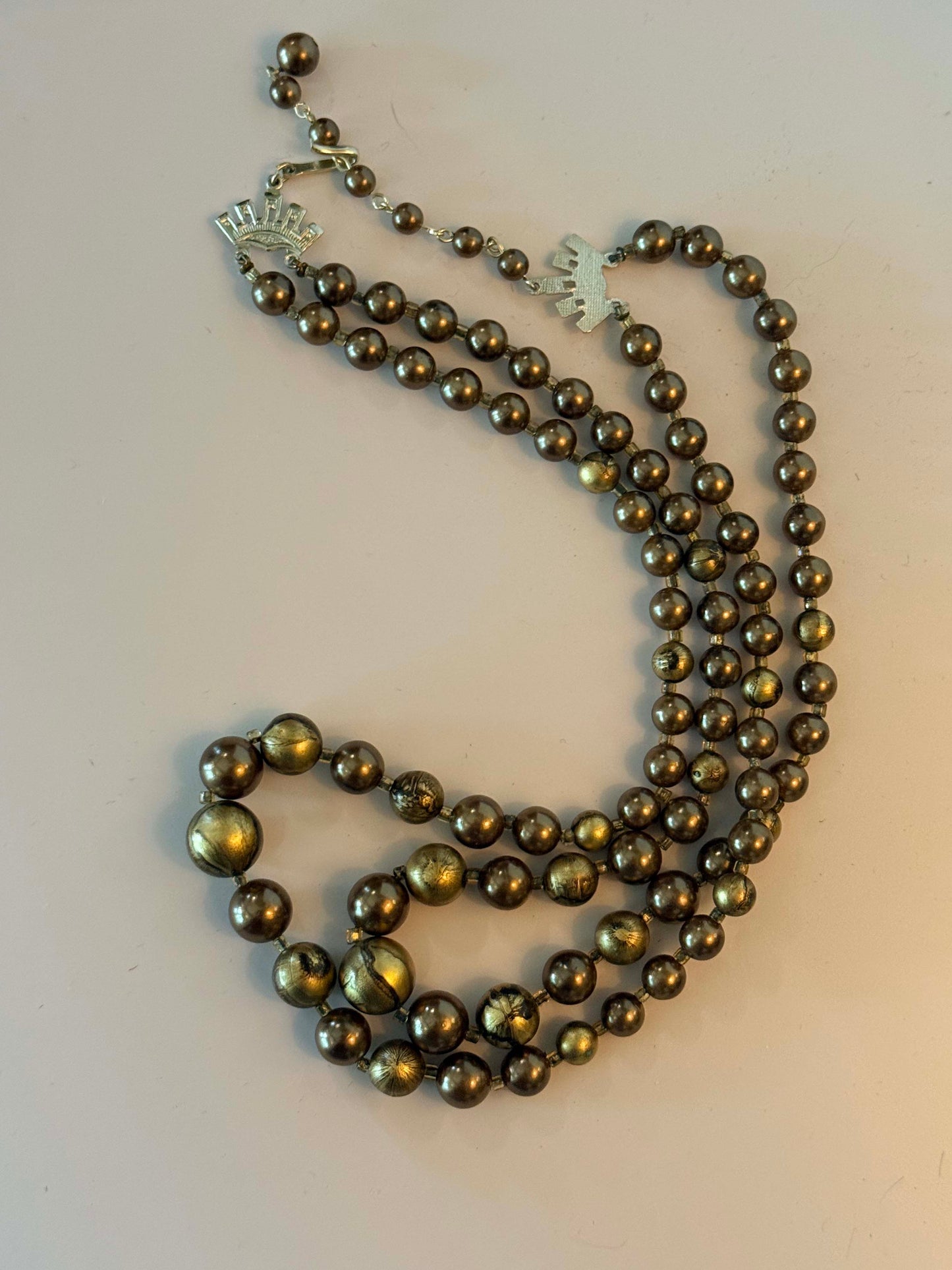 Vintage Bronze Gold Two Strand Beaded Necklace Mid Century Statement Jewelry Retro Necklace