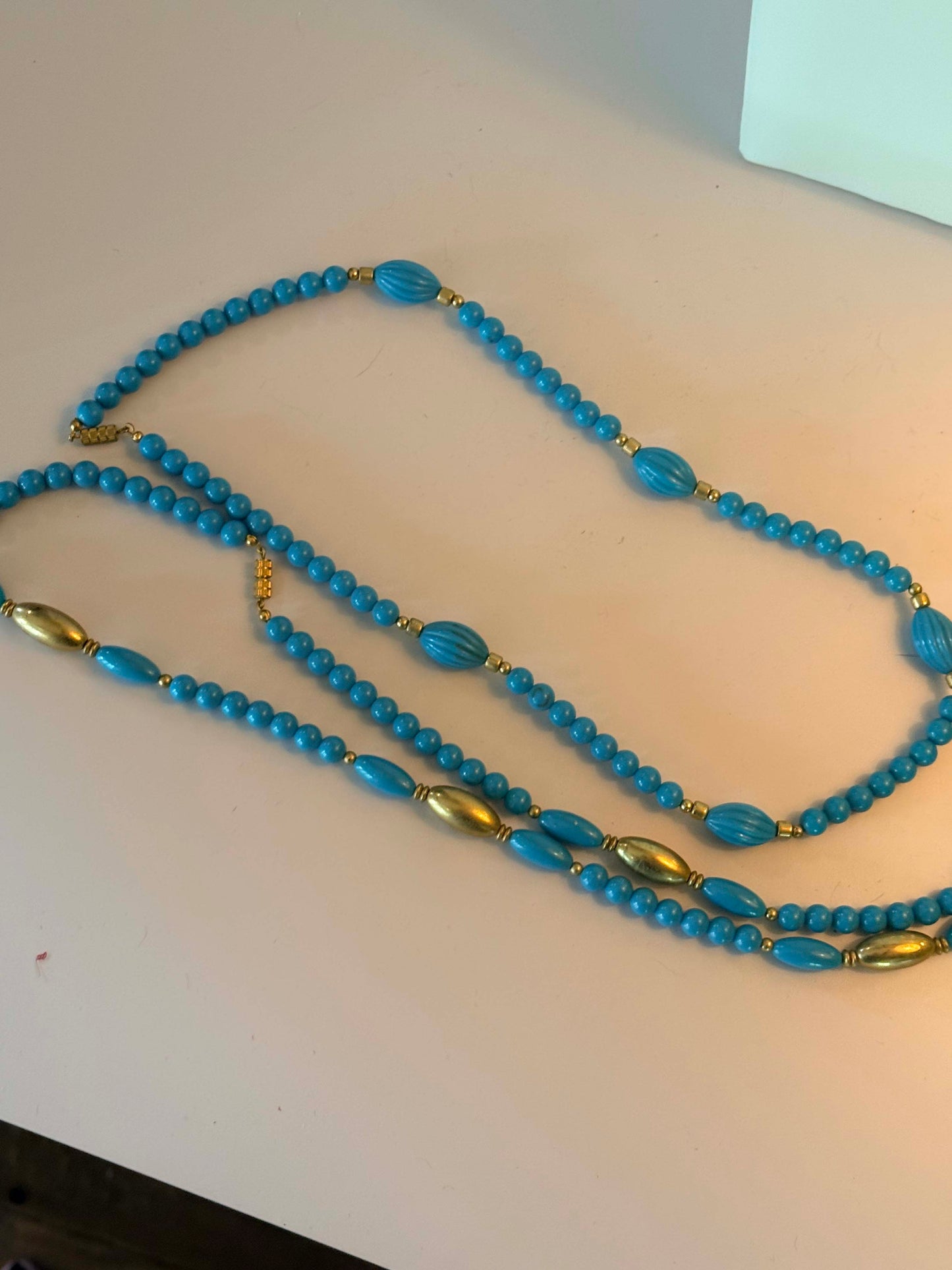 Vintage Blue Lucite Long Strand Necklace Mid Century Beaded Necklace Gold Tone Retro Jewelry