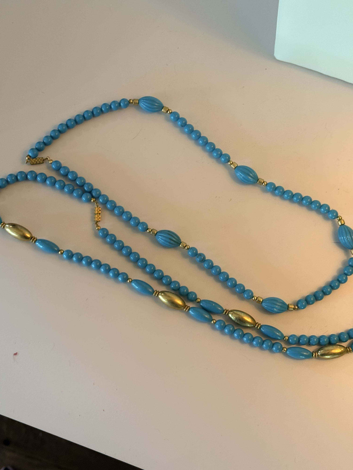 Vintage Blue Lucite Long Strand Necklace Mid Century Beaded Necklace Gold Tone Retro Jewelry