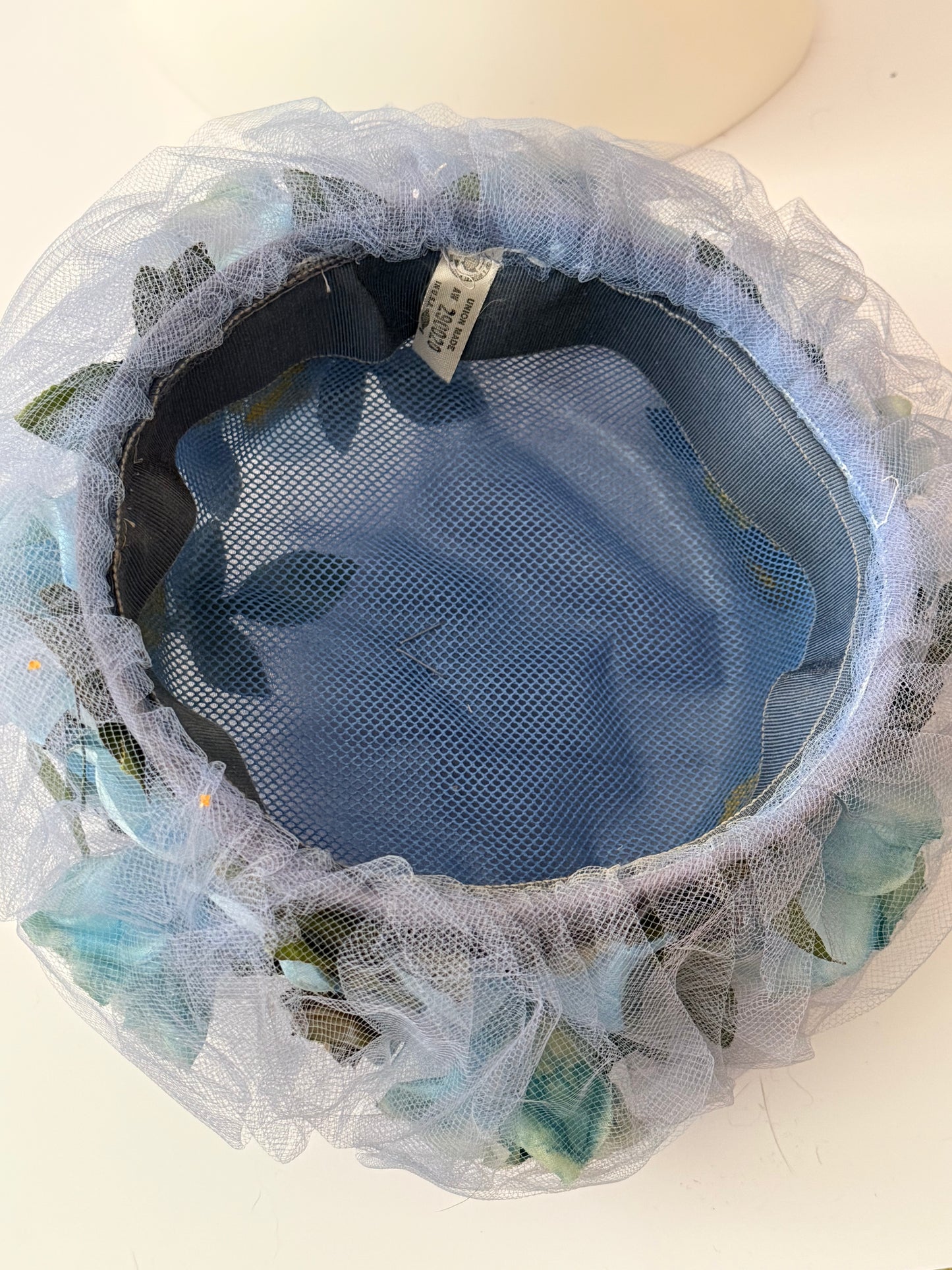 1960s Periwinkle Blue Tulle Floral Hat – Vintage Lavender Mid Century Dress Hat