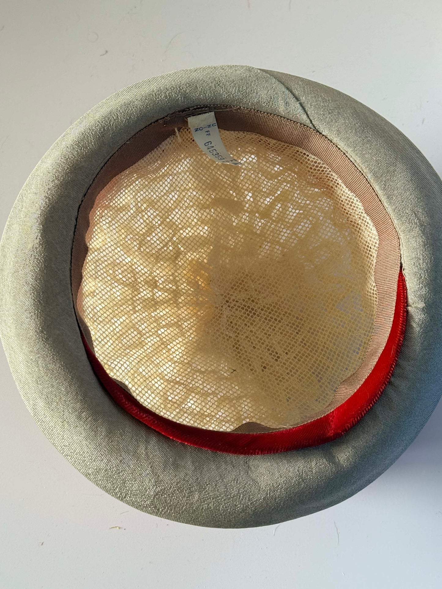 Vintage 1960s Straw Boater Hat with Red Velvet Band | Ivory Woven Crown | Taupe Brim | Mid Century Women's Hat