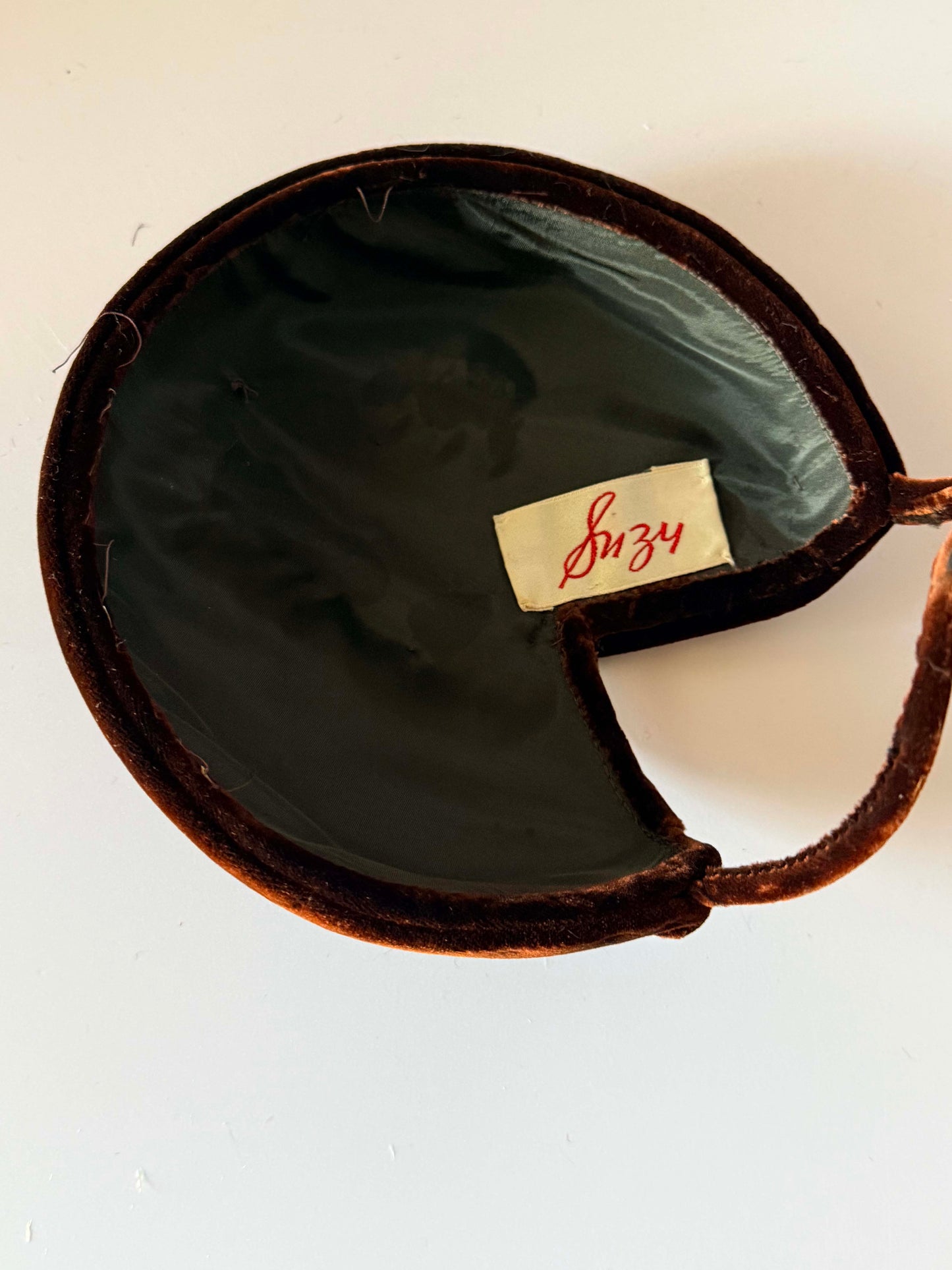 Vintage Suzy Brown Velvet Halo Hat 1960s Cocktail Hat Spring Mounted Rhinestone Mid Century Designer Millinery