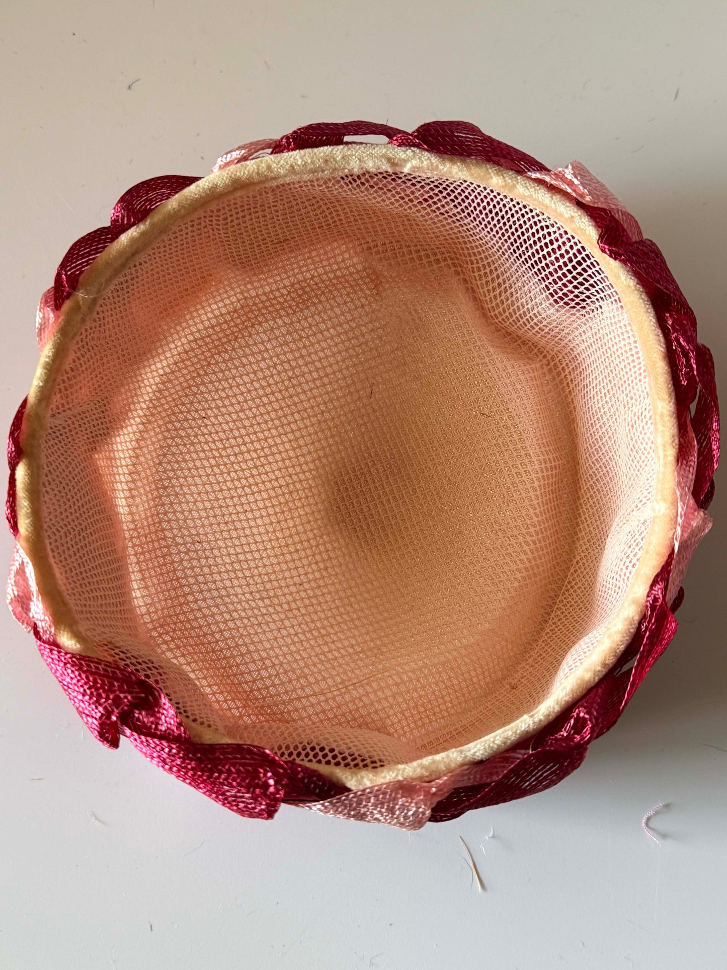 Vintage Burgundy & Blush Pink Woven Ribbon Pillbox Hat | 1960s Sculptural Cocktail Hat | Mid Century Halo Millinery