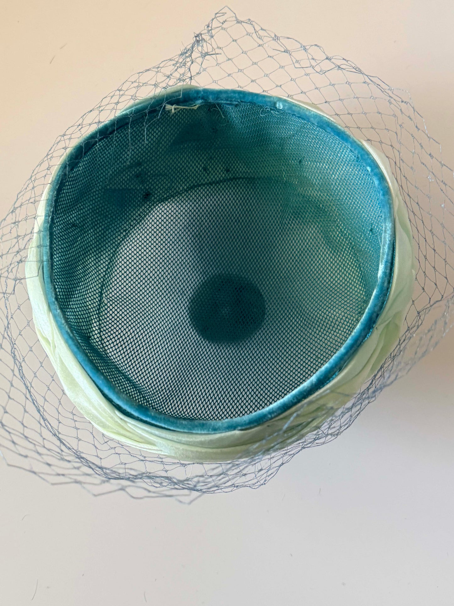 Vintage Ombre Blue Green Pillbox Hat 1960s Draped Satin Cocktail Hat Birdcage Veil Mid Century Church Hat