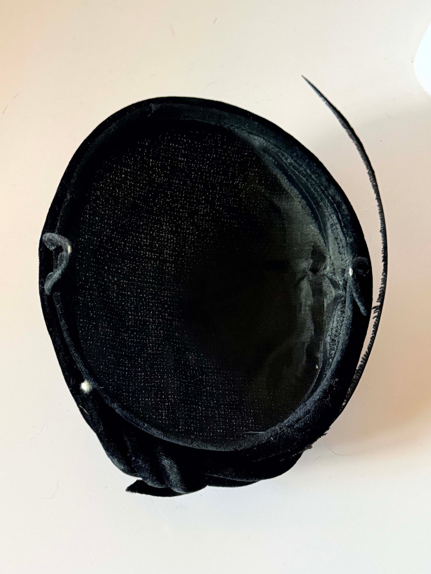 Vintage Black Pillbox Hat, Velvet Trim Hat, Sinamay Cocktail Hat, Feather Fascinator, Classic Formal Hat, Elegant Vintage Millinery