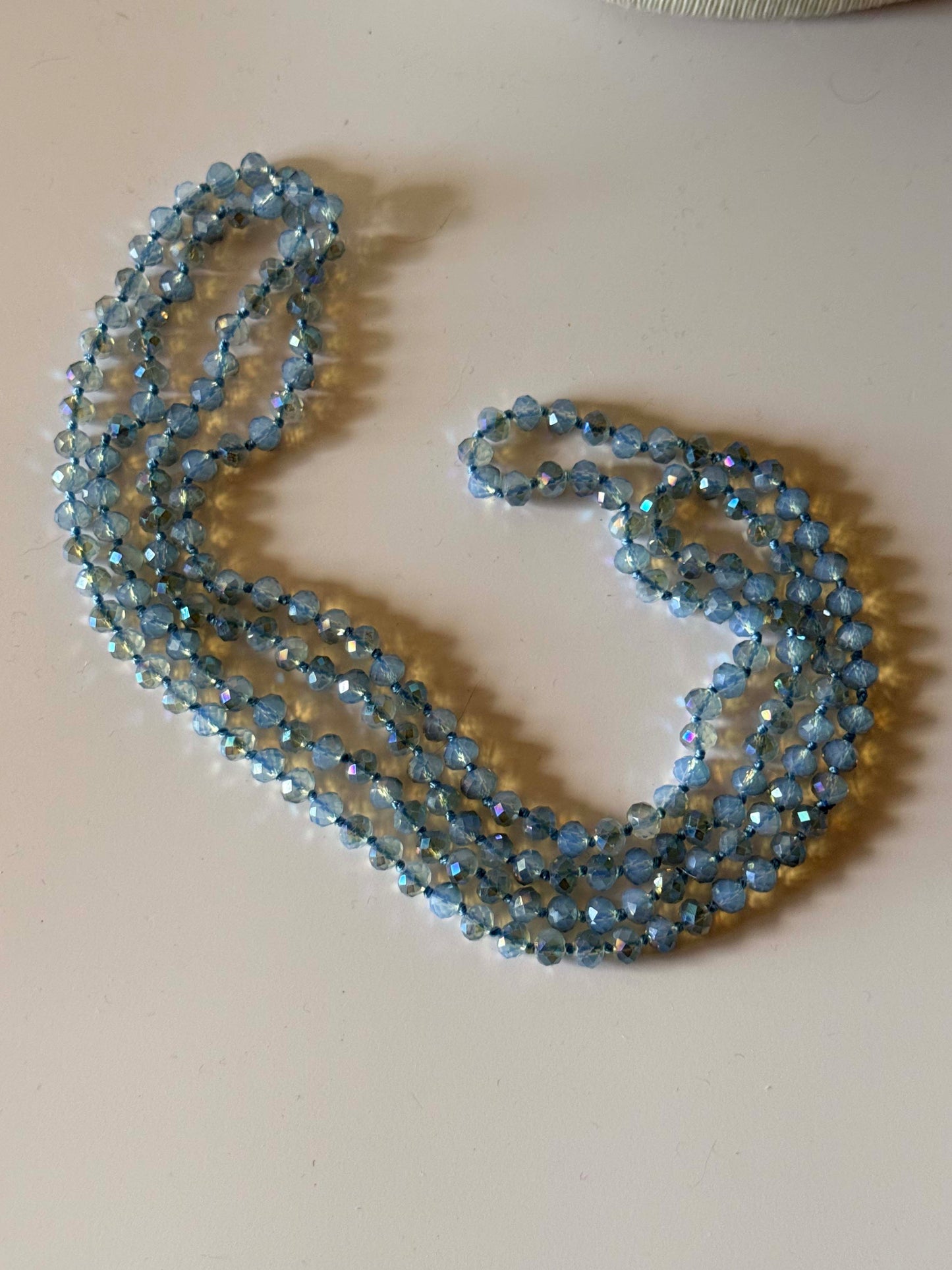 Vintage Long Blue Crystal Necklace, Aurora Borealis Glass Bead Necklace, Long Faceted Crystal Strand, Bridal Jewelry, Mid Century Necklace