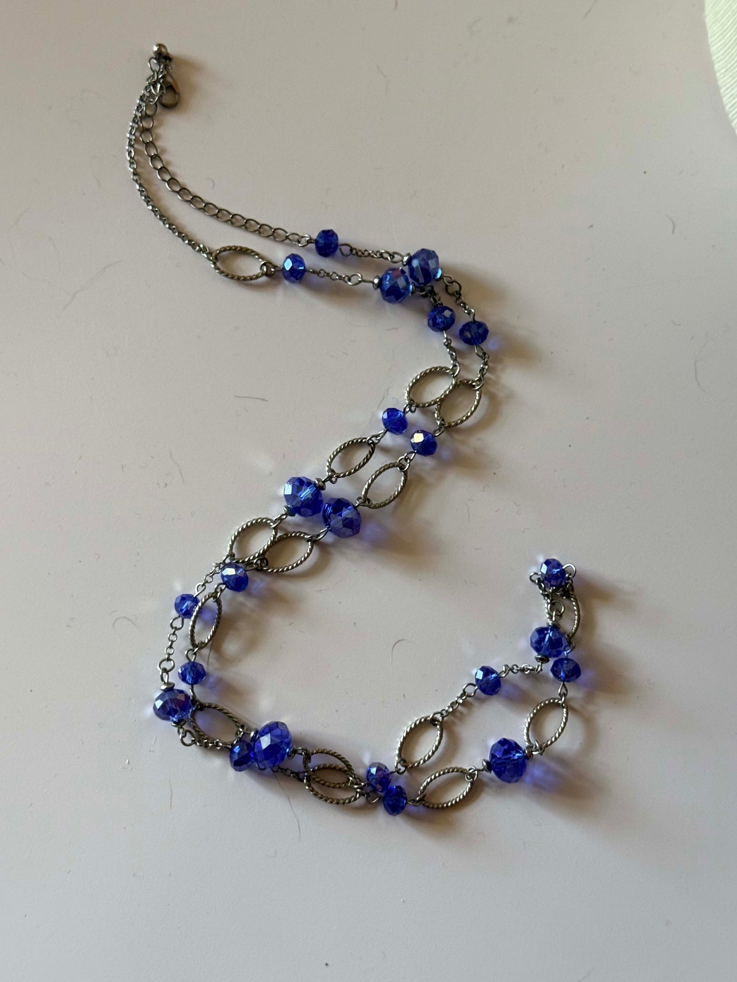 Vintage Blue Crystal Necklace, Silver Tone Link Necklace, Long Faceted Glass Necklace, Cobalt Blue Crystal Jewelry, Mid Century Vintage Necklace