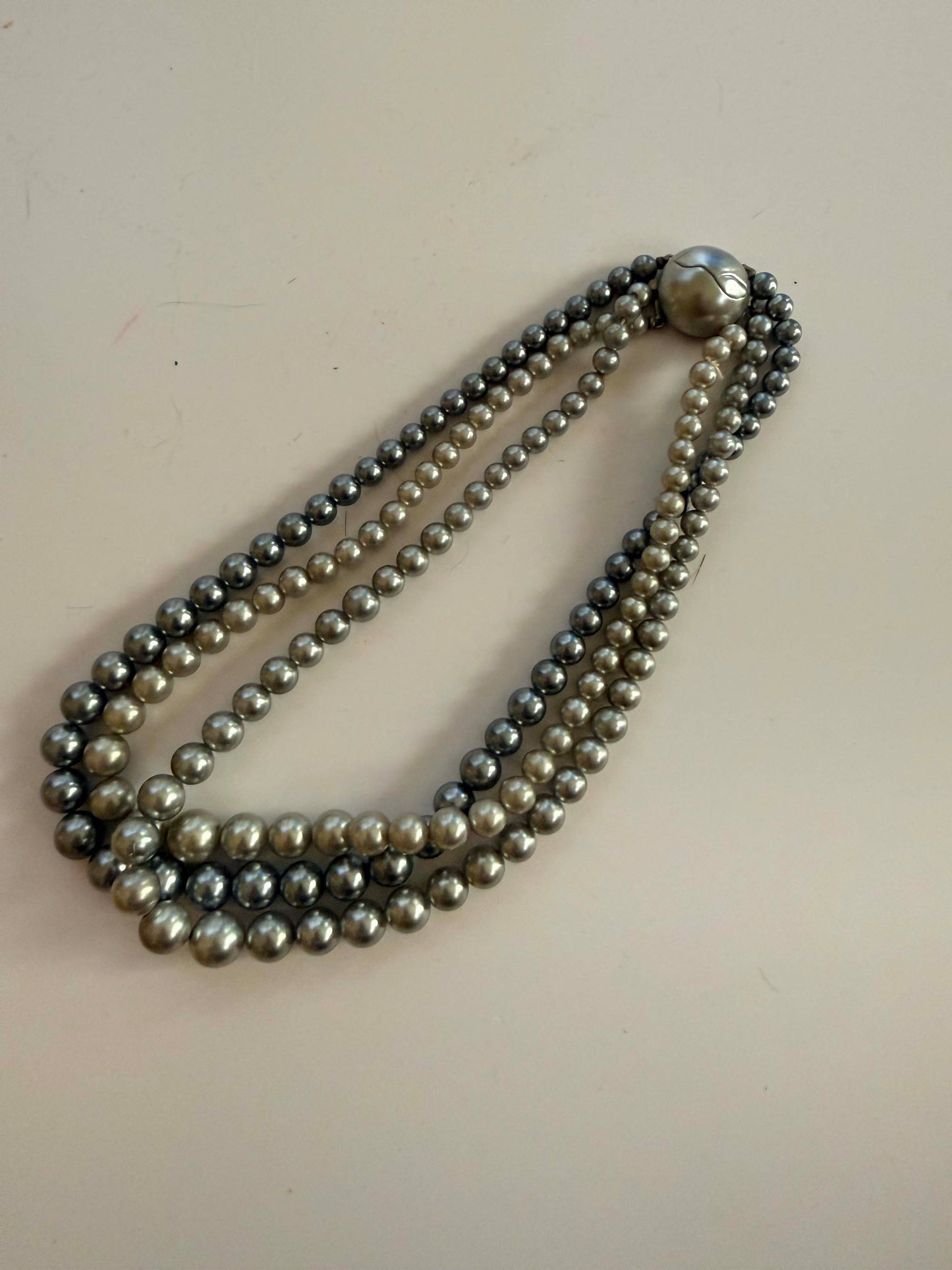 Vintage Gray Faux Pearl Necklace | Triple Strand Silver Pearl Statement Necklace | Layered Pearl Jewelry | Classic Vintage Necklace