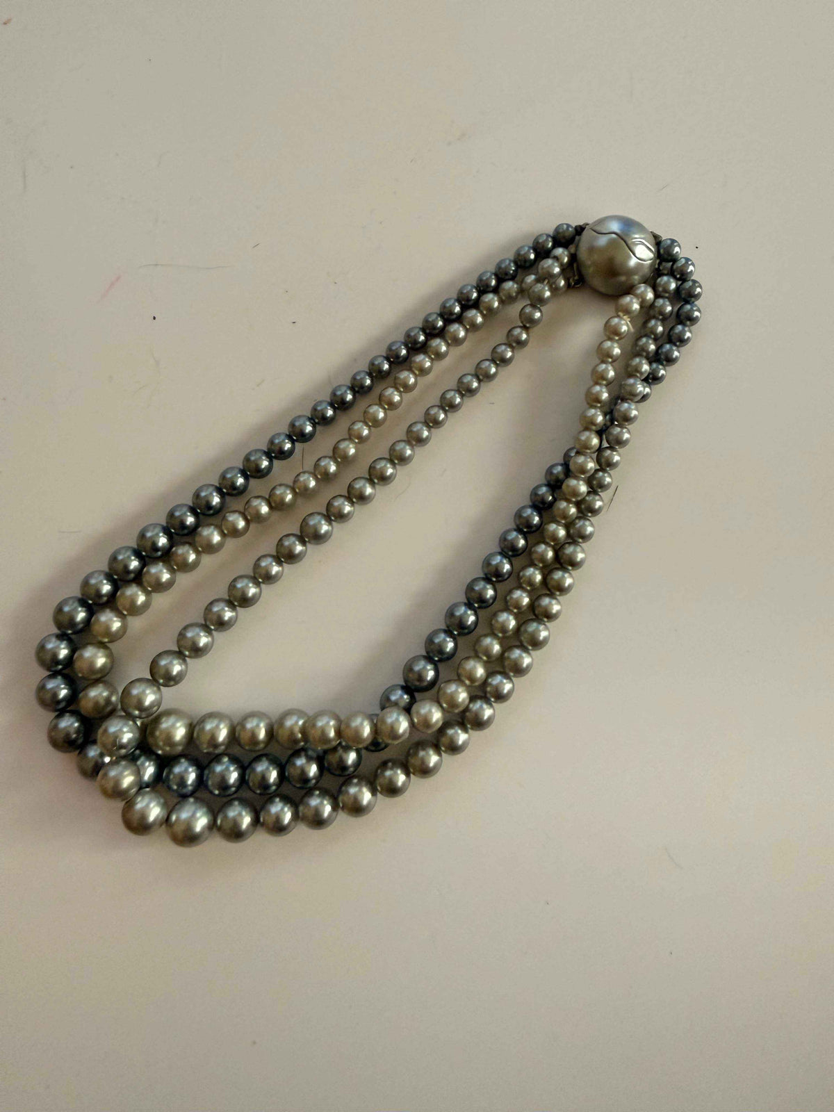 Vintage Gray Faux Pearl Necklace | Triple Strand Silver Pearl Statement Necklace | Layered Pearl Jewelry | Classic Vintage Necklace