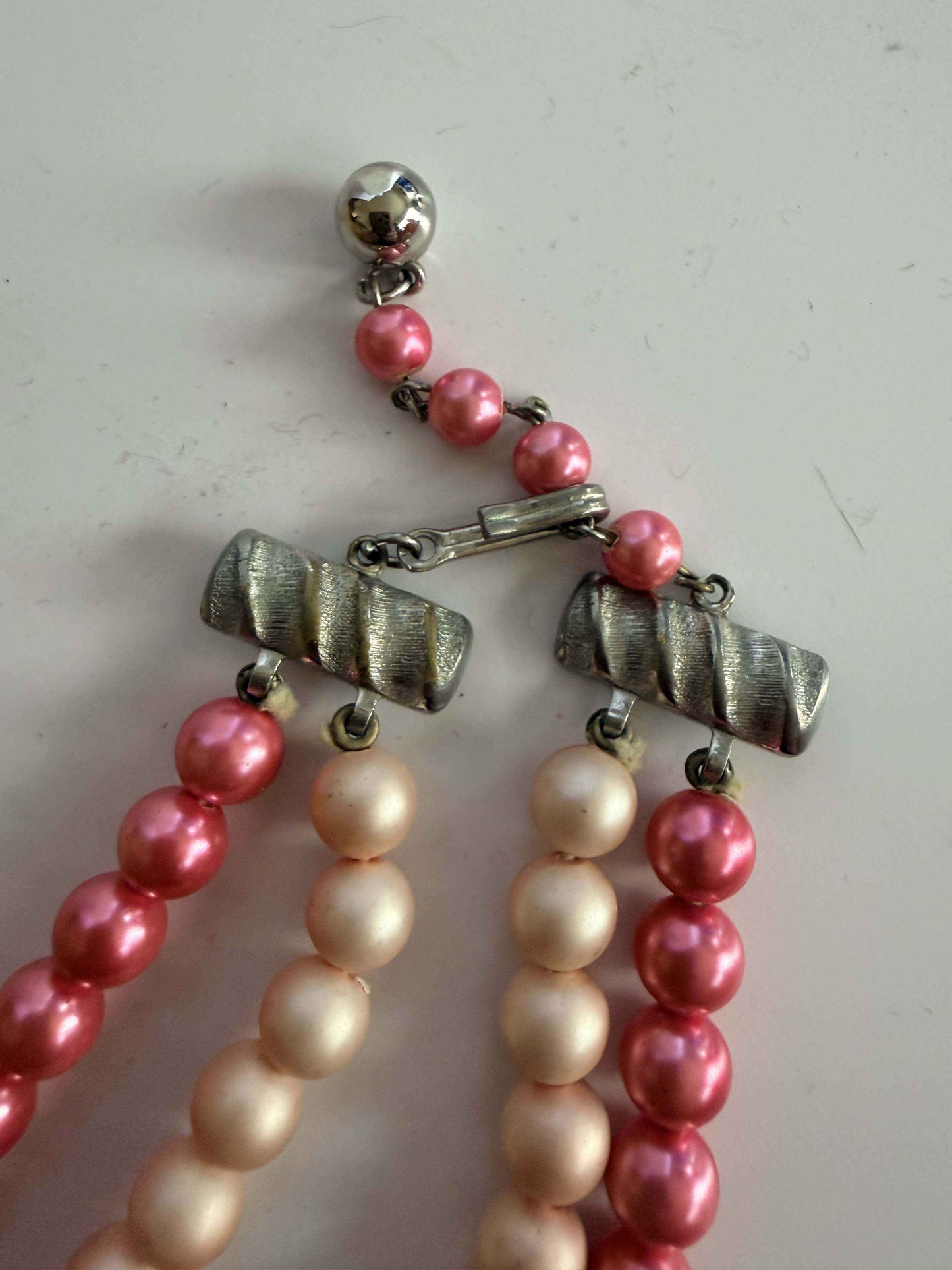 Vintage Double Strand Pink & Champagne Faux Pearl Necklace | Graduated Pearl Necklace | Mid Century Costume Jewelry | Two Tone Statement Necklace | Retro Pearl Jewelry