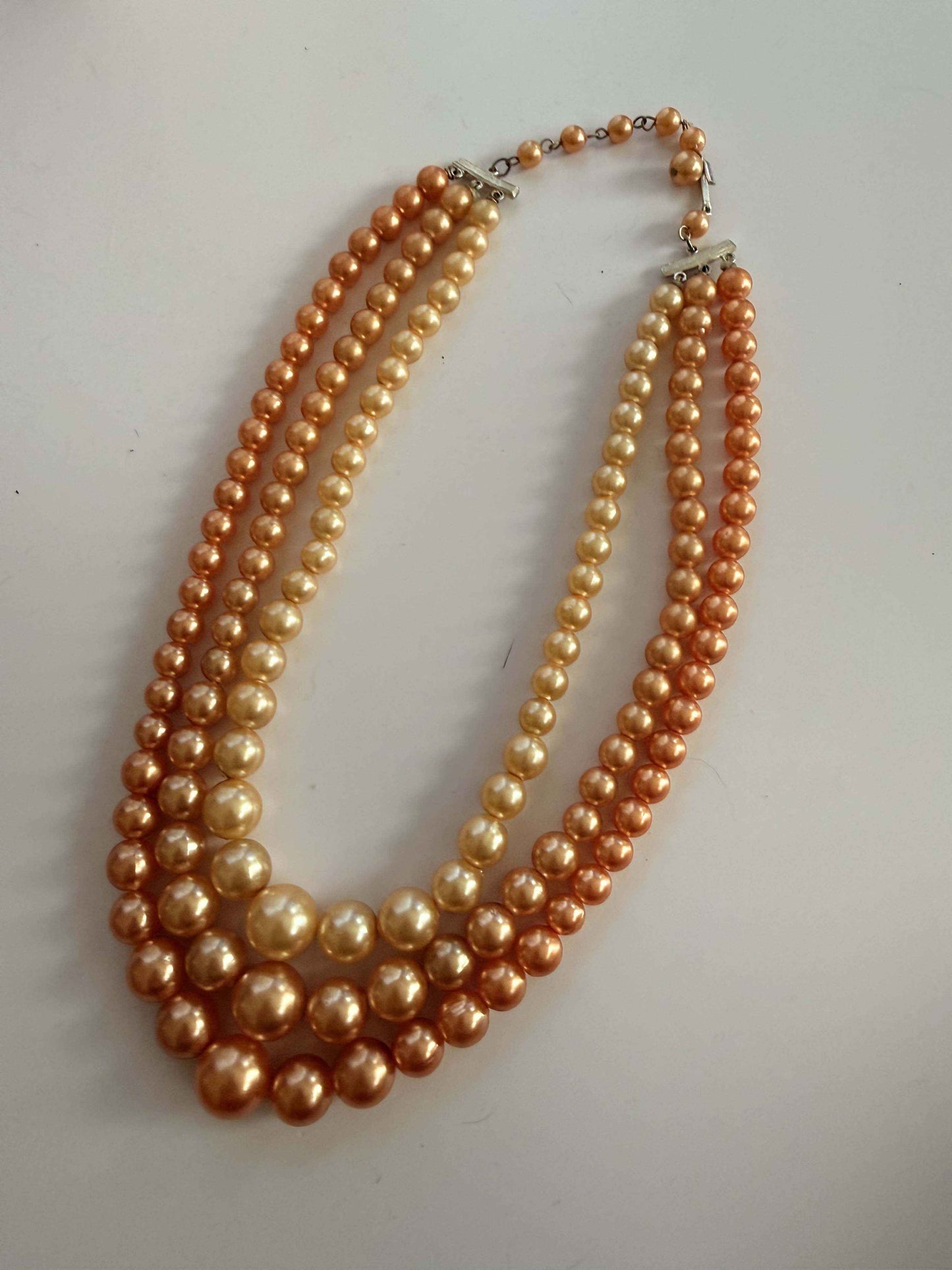 Vintage Triple Strand Faux Pearl Necklace | Champagne & Peach Pearl Statement Necklace | Mid Century Costume Jewelry | Graduated Pearl Necklace | Elegant Vintage Jewelry