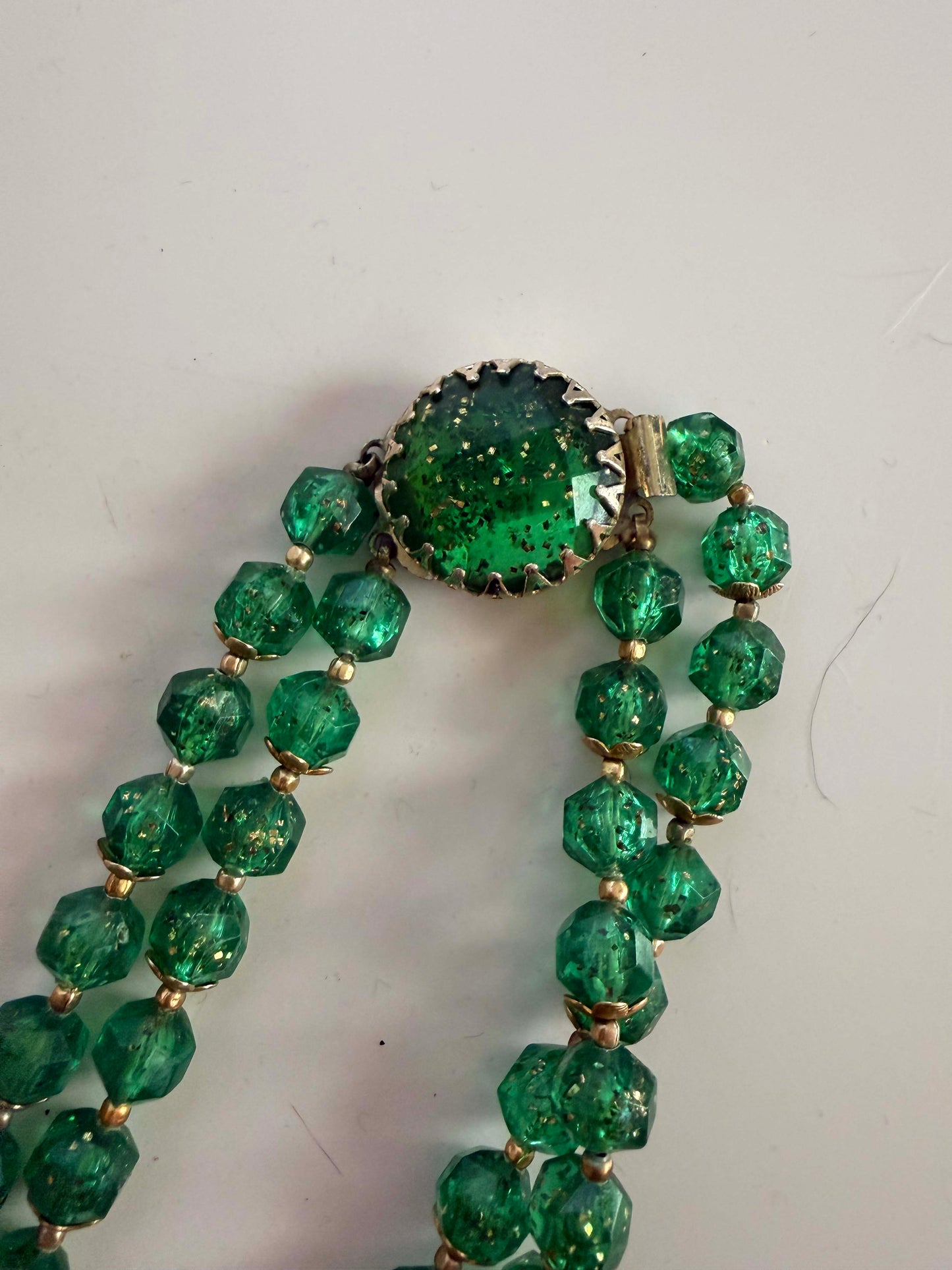 Vintage Green Glitter Lucite Double Strand Necklace | Emerald Green Faceted Bead Necklace | Mid Century Statement Jewelry | Lucite Beaded Necklace | 1950s 1960s Jewelry