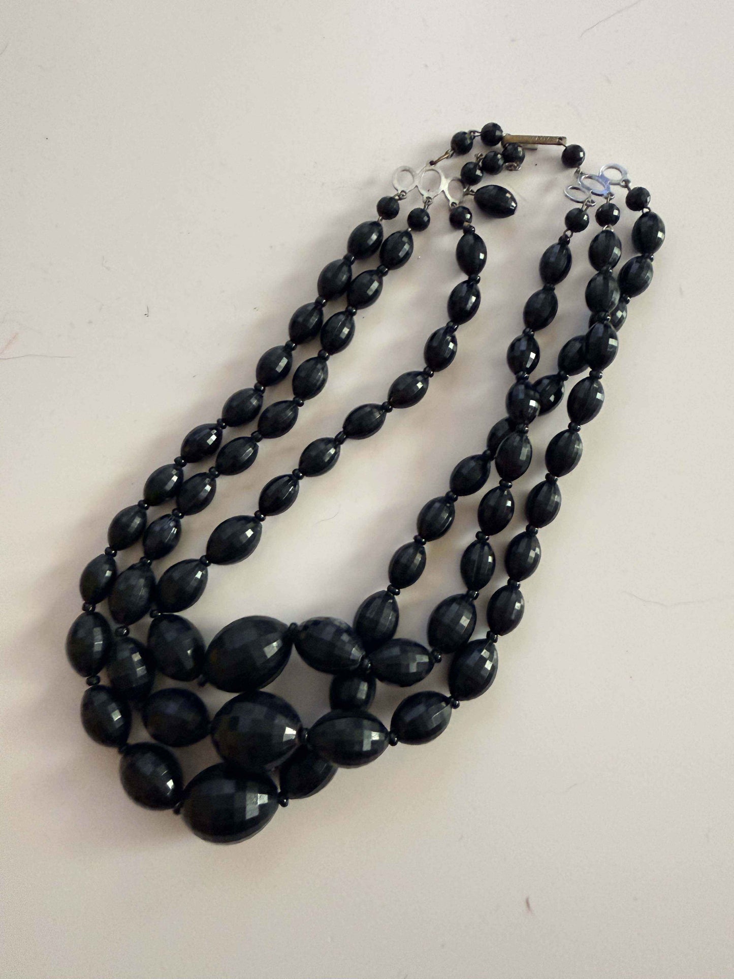 Vintage Black Faceted Lucite Triple Strand Necklace | Mid Century Black Statement Necklace | 1950s 1960s Lucite Jewelry | Graduated Bead Necklace | Vintage Costume Jewelry